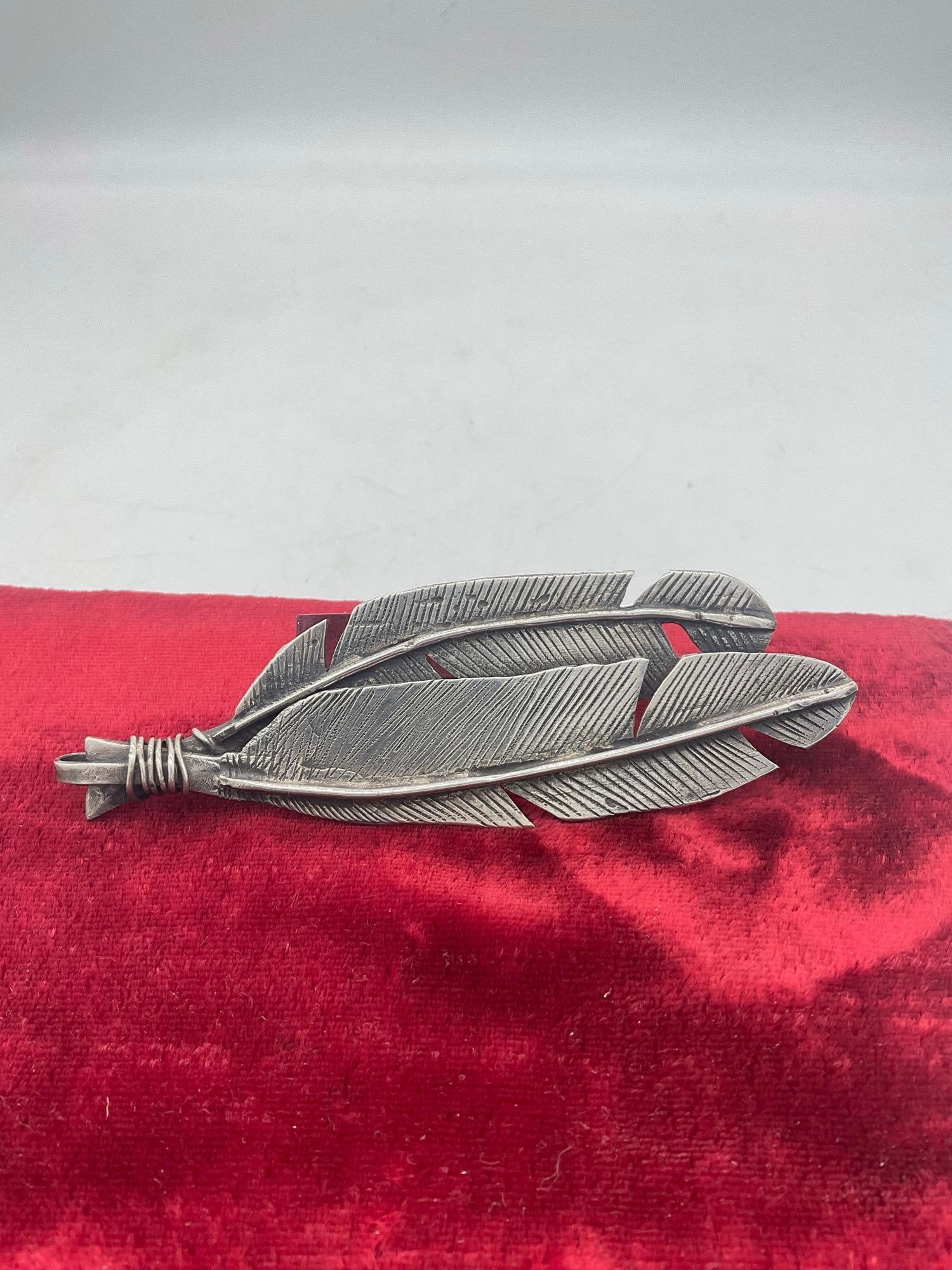 Large SW Native American Most likely Navajo Sterling Silver Feather Pendant Singed Zak: c-5230 4 3/4 in length 84.98 grams 