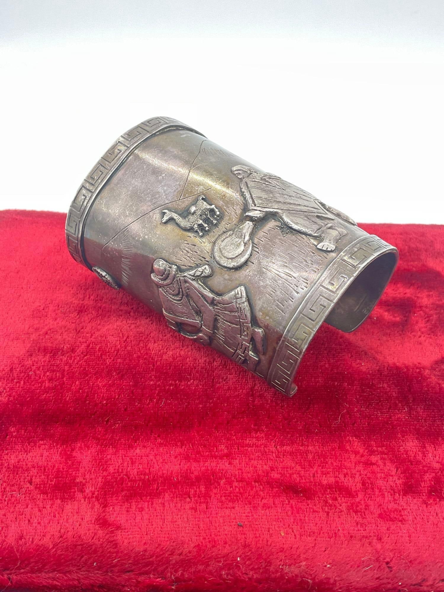 Fantastic Signed Antique 900 Silver Peruvian Story Teller large Cuff Bracelet 3.5" L x 2.5 " w - 2