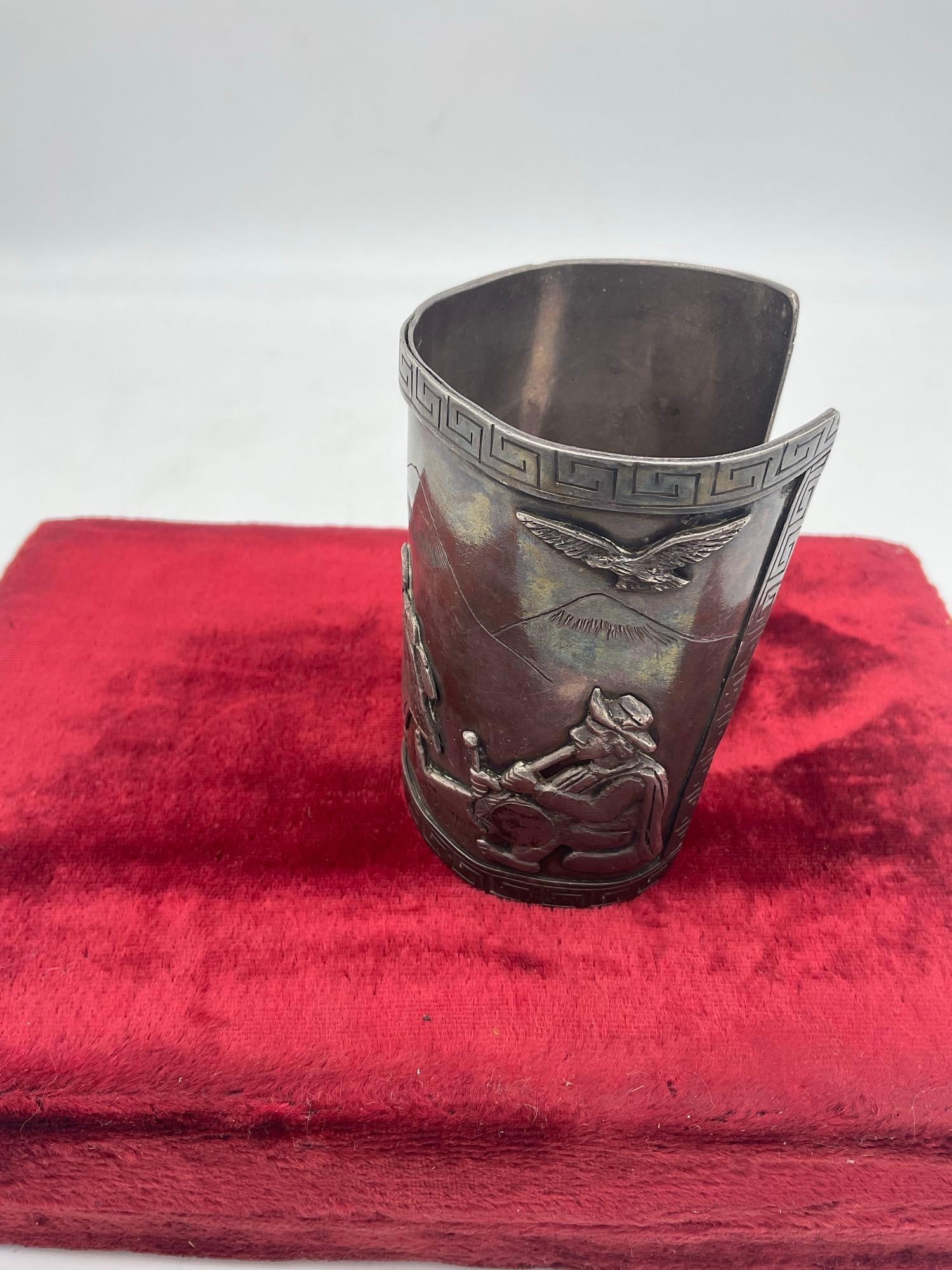 Fantastic Signed Antique 900 Silver Peruvian Story Teller large Cuff Bracelet 3.5" L x 2.5 " w - 3