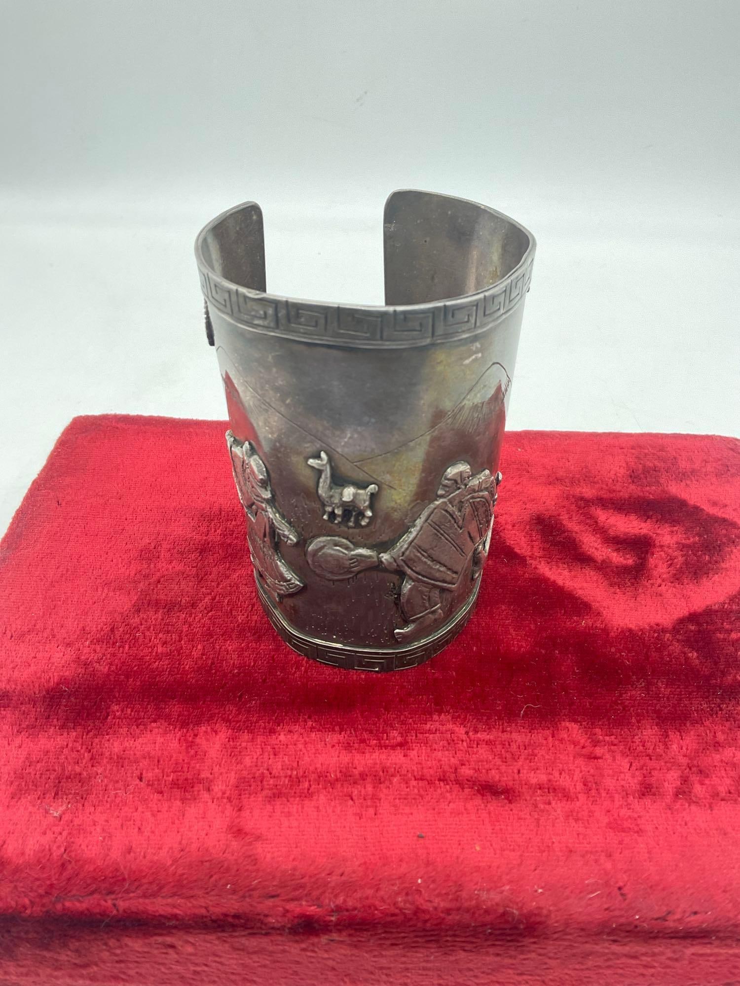 Fantastic Signed Antique 900 Silver Peruvian Story Teller large Cuff Bracelet 3.5" L x 2.5 " w - 4