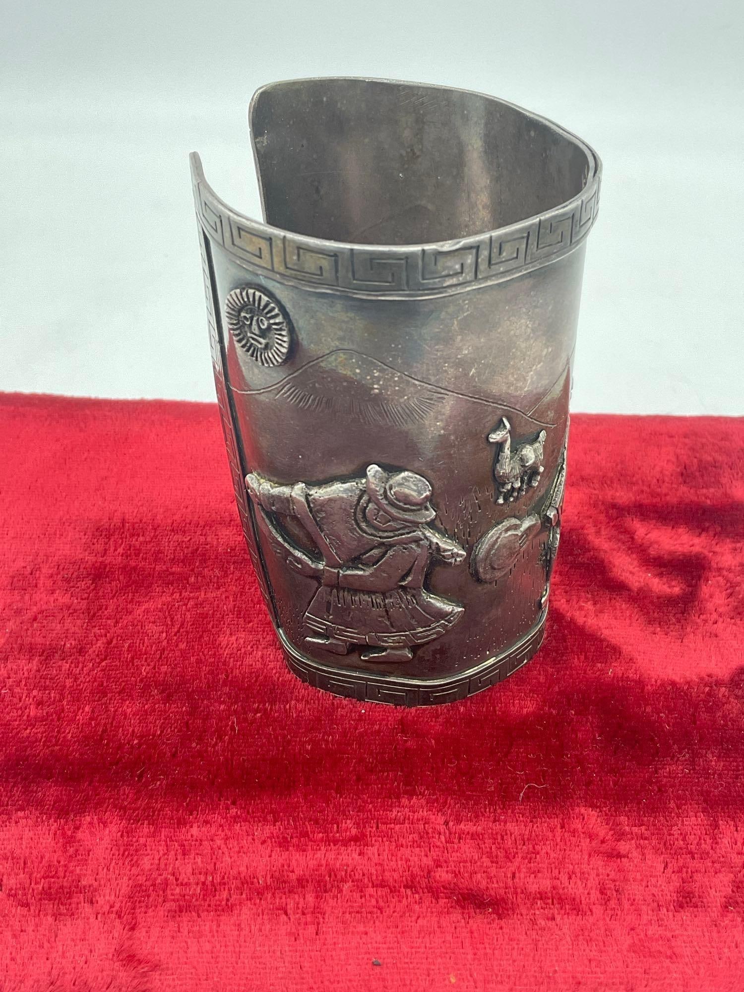 Fantastic Signed Antique 900 Silver Peruvian Story Teller large Cuff Bracelet 3.5" L x 2.5 " w - 5