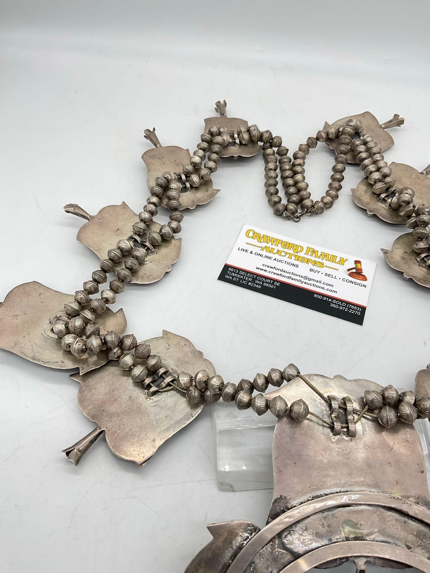 Navajo Native American ceremonial squash blossom necklace studded w/ turquoise & coral - 10