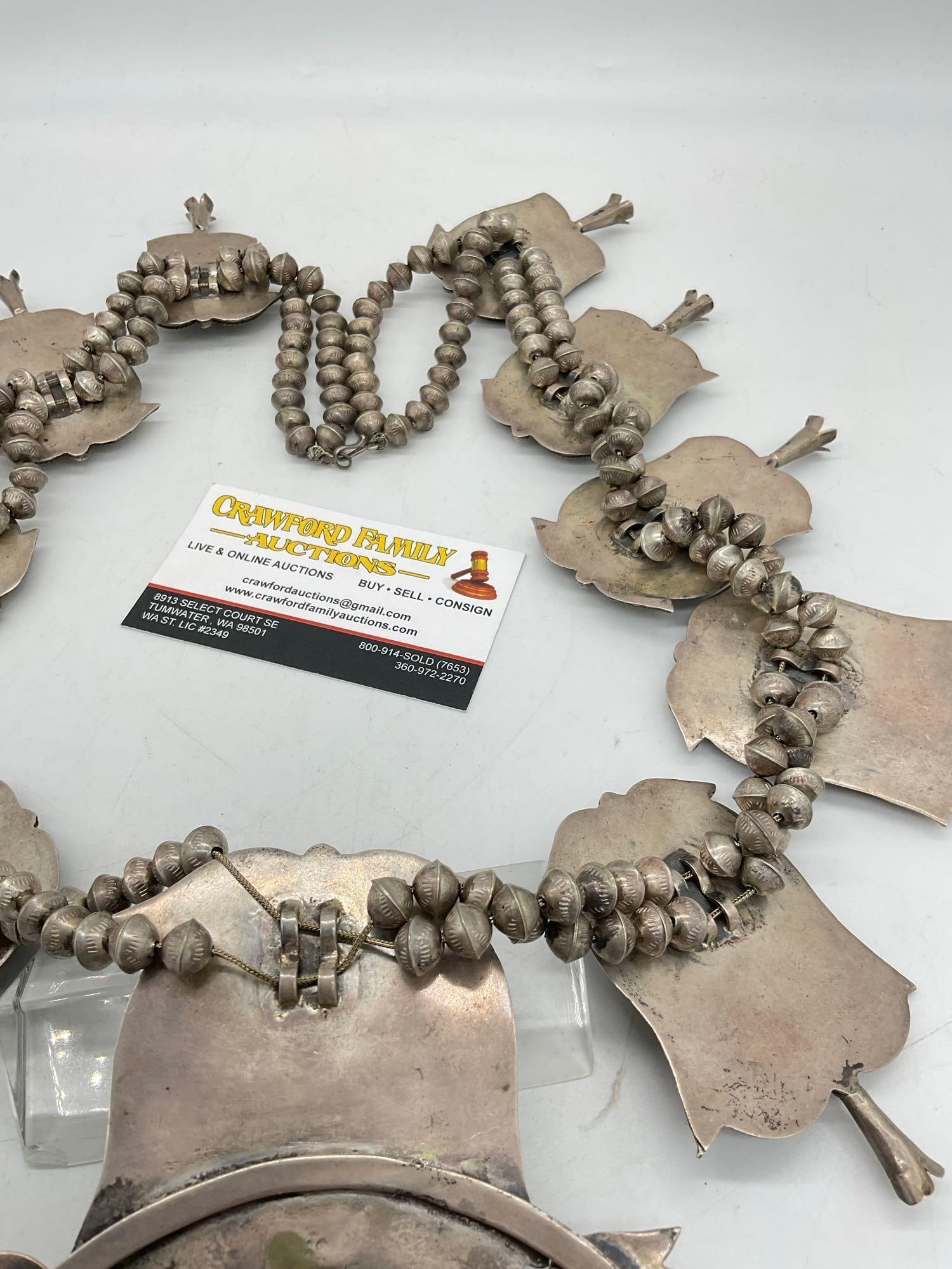 Navajo Native American ceremonial squash blossom necklace studded w/ turquoise & coral - 11