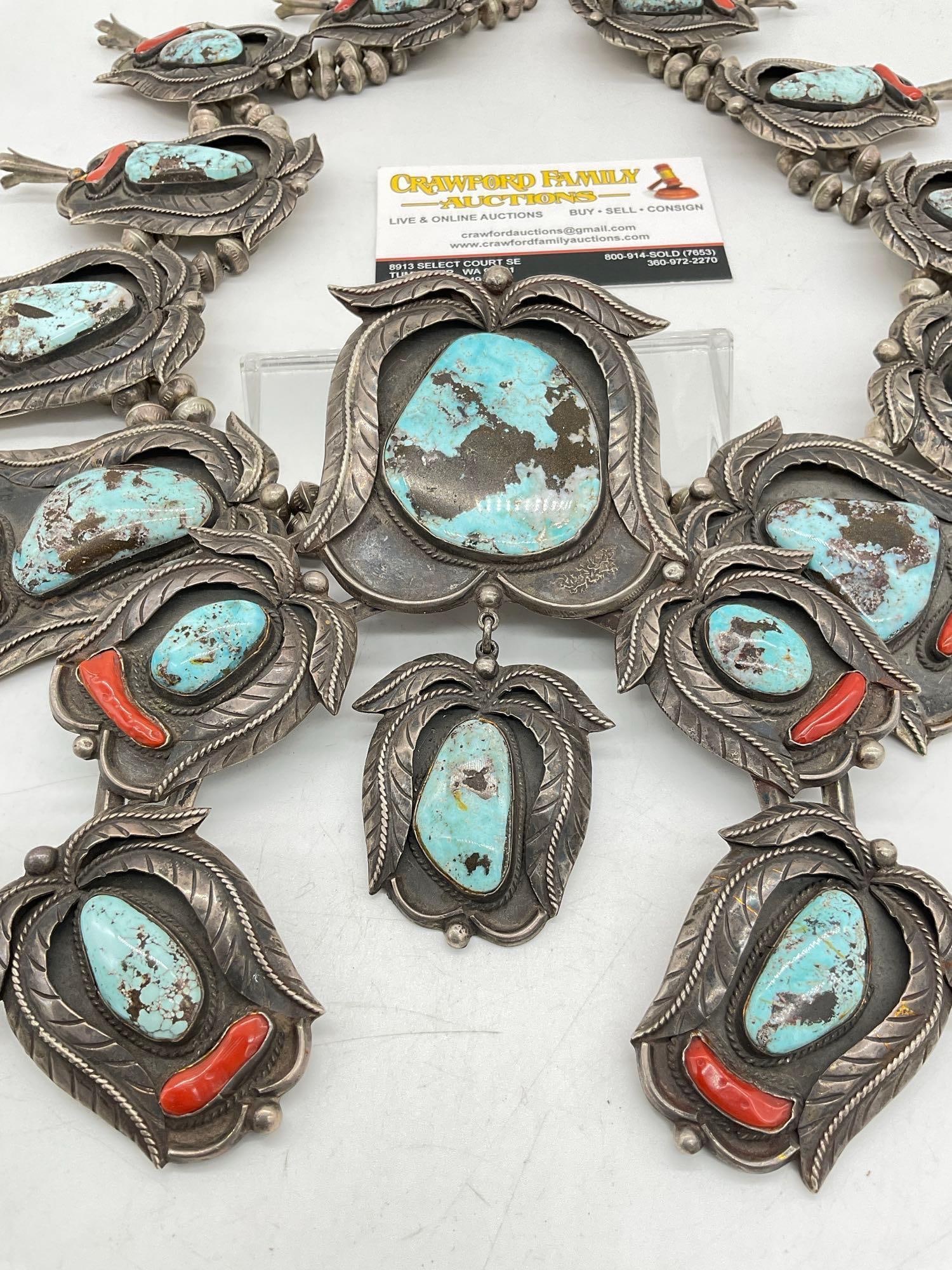 Navajo Native American ceremonial squash blossom necklace studded w/ turquoise & coral - 3