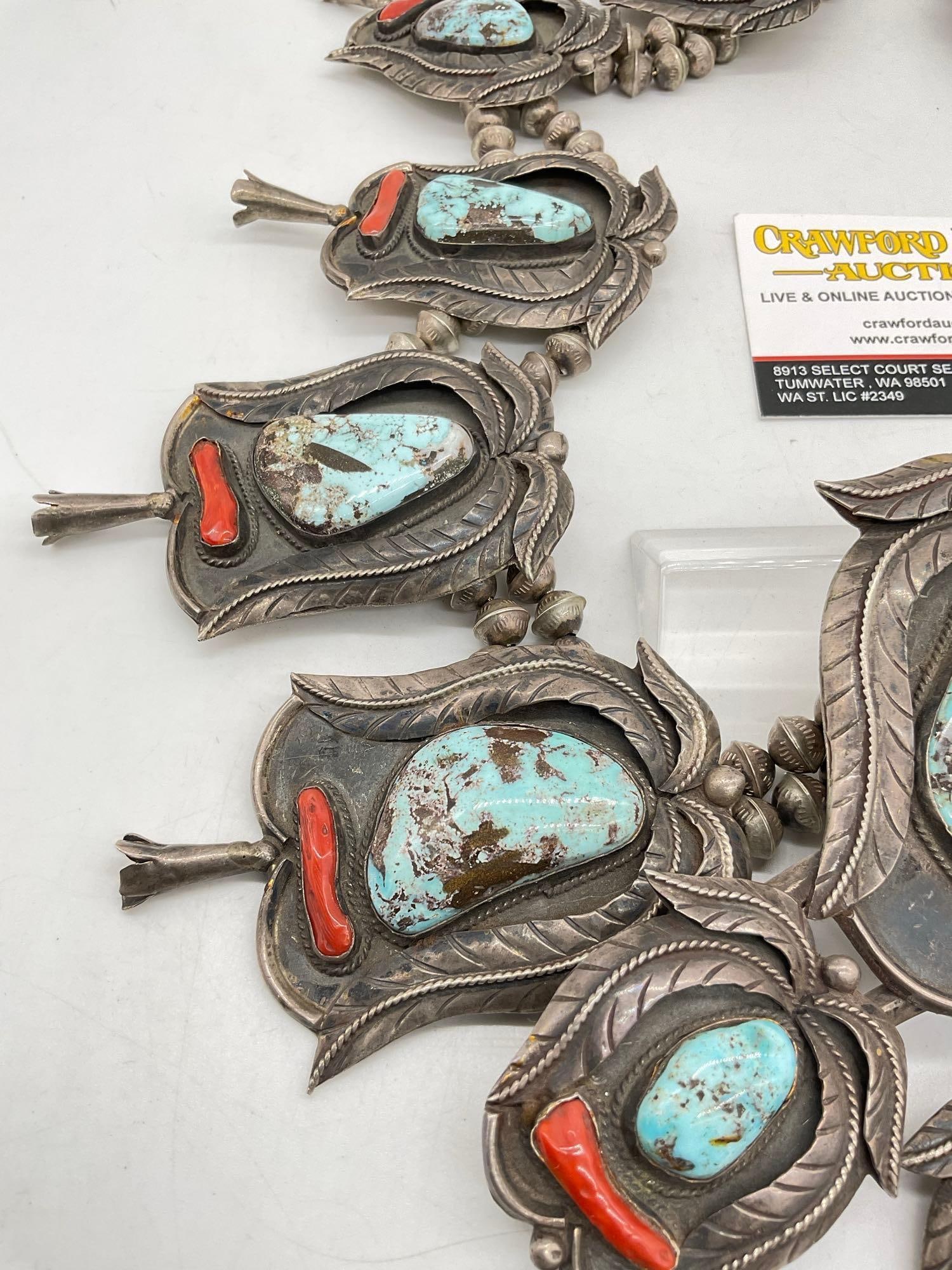 Navajo Native American ceremonial squash blossom necklace studded w/ turquoise & coral - 5