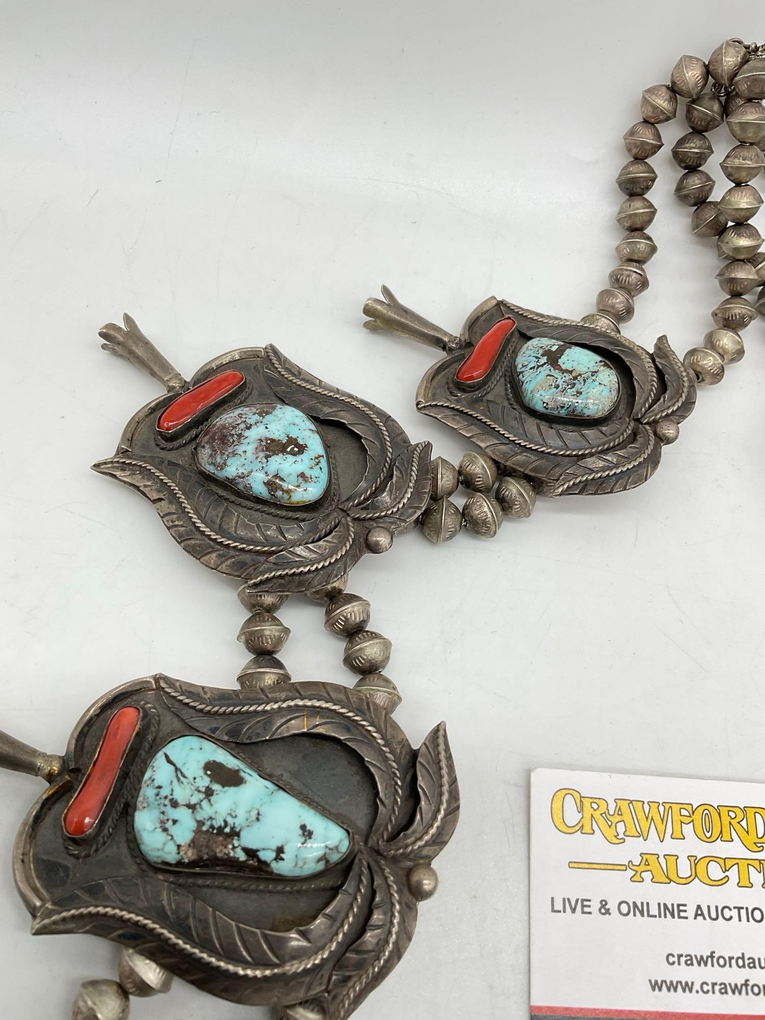 Navajo Native American ceremonial squash blossom necklace studded w/ turquoise & coral - 6