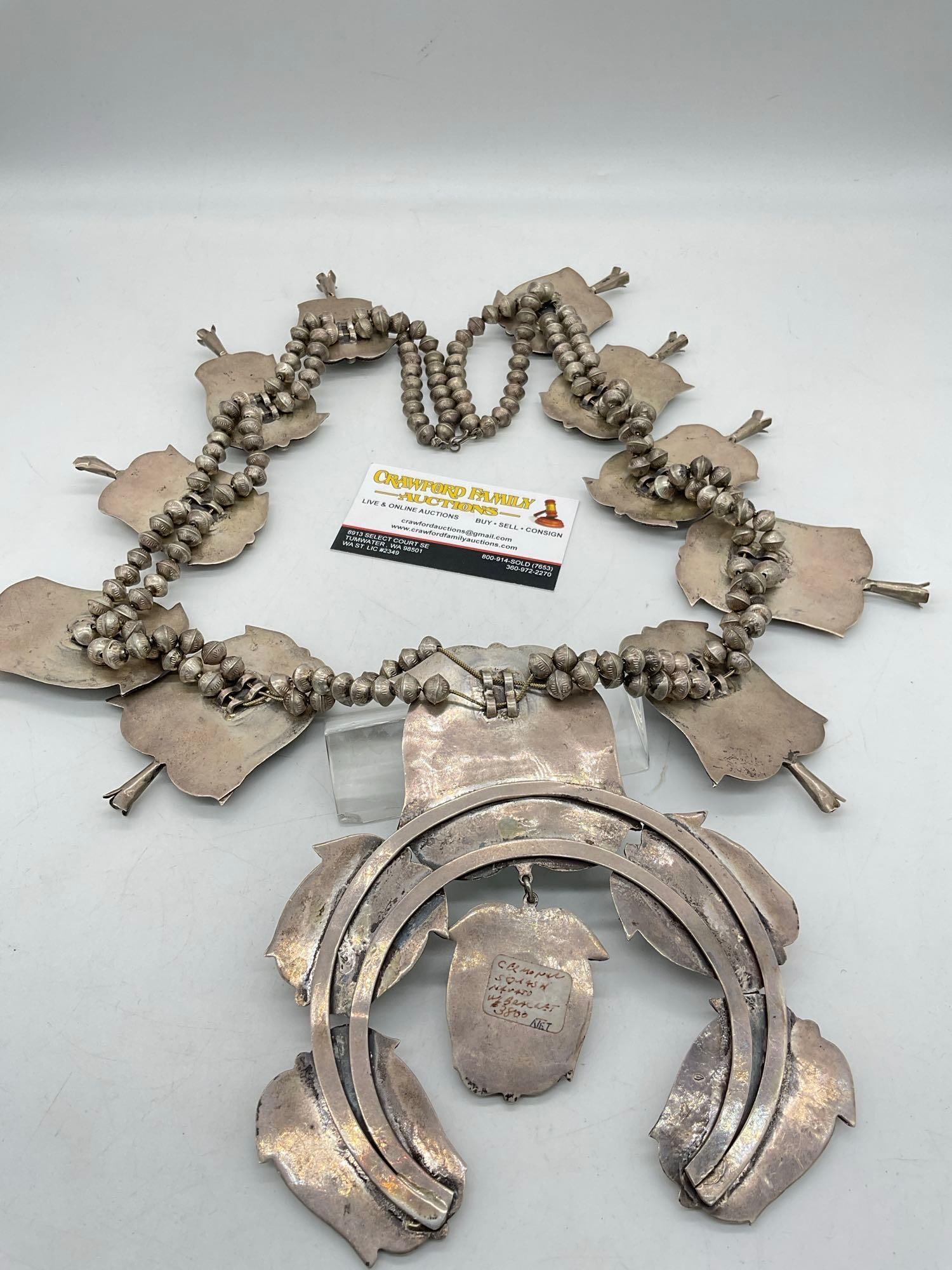 Navajo Native American ceremonial squash blossom necklace studded w/ turquoise & coral - 8