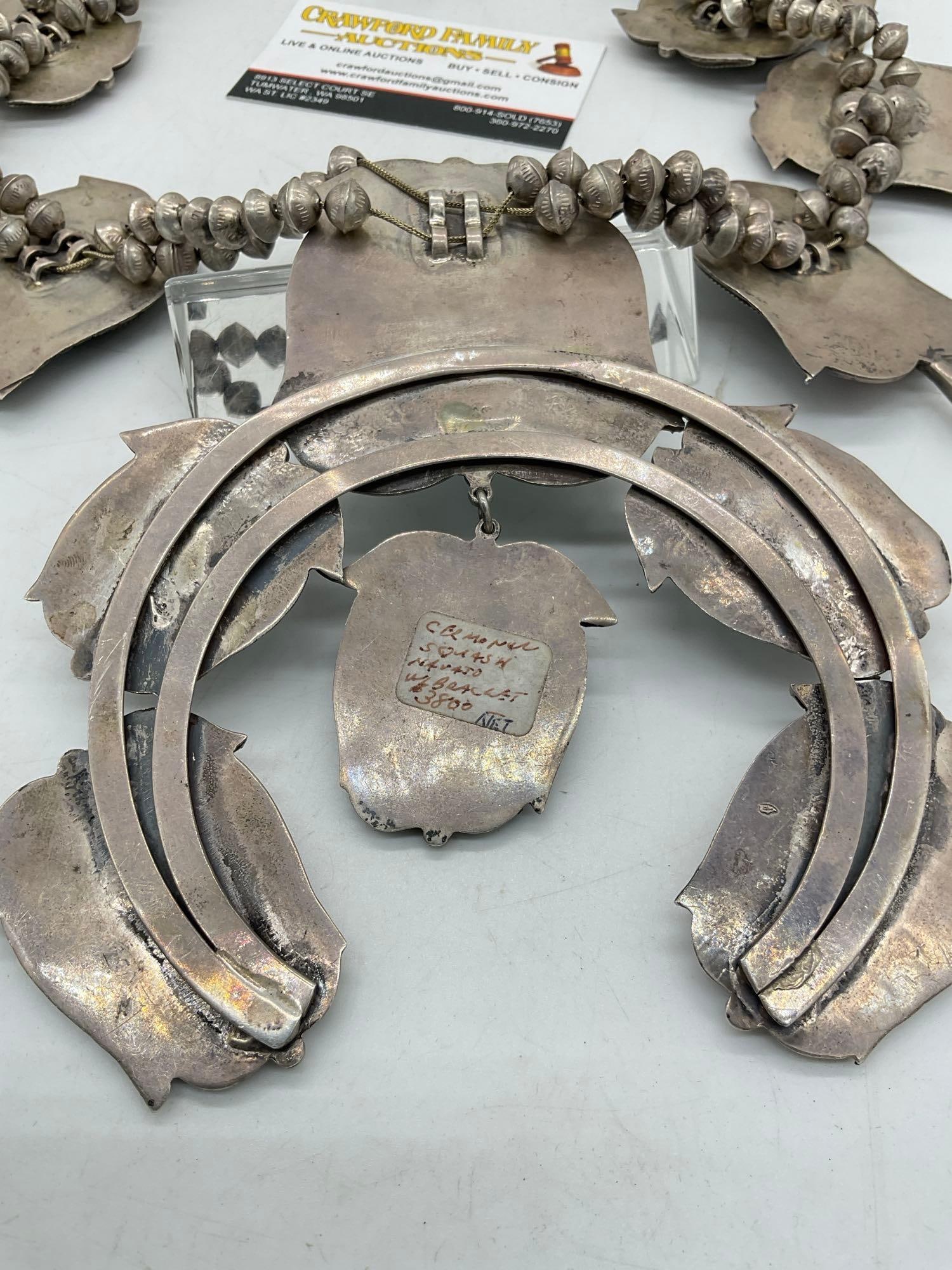 Navajo Native American ceremonial squash blossom necklace studded w/ turquoise & coral - 9