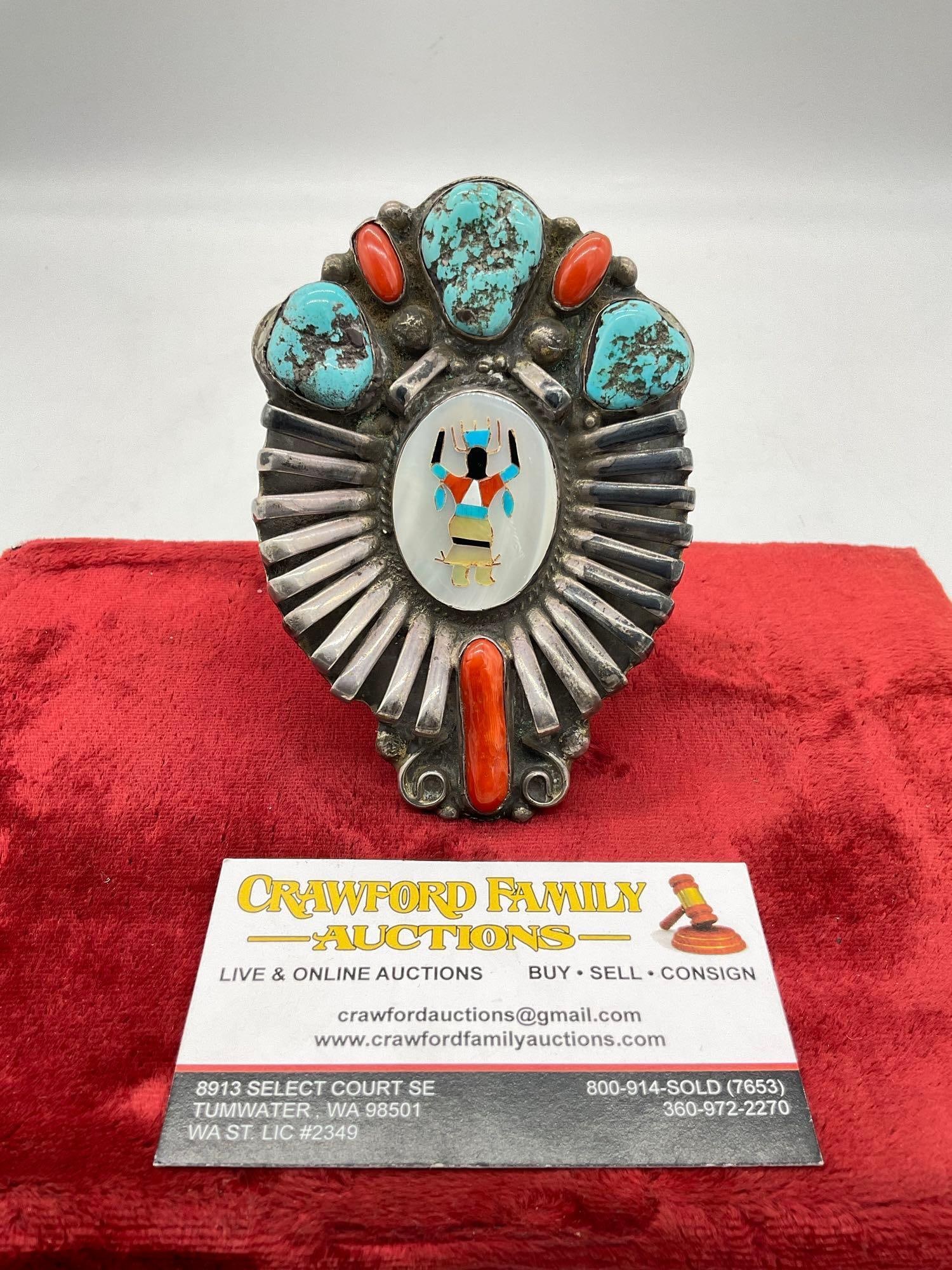 One of a Kind Zuni Native American Rain Dancer sterling silver cuff bracelet w/ turquoise & coral: Amazing bracelet, extremely heavy and with wonderful craftsmanship. Matches the previous lot. Approx 247.5 grams or 8.730 ounces. Approx 4x 3.5 x 2.5" with the tightest opening being at 2" across. Uns