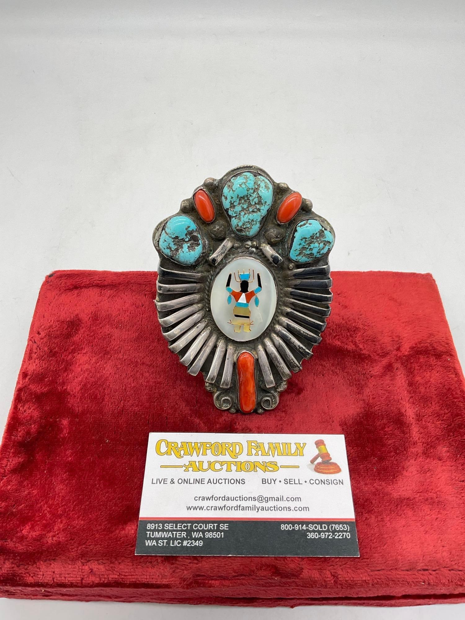 One of a Kind Zuni Native American Rain Dancer sterling silver cuff bracelet w/ turquoise & coral - 2