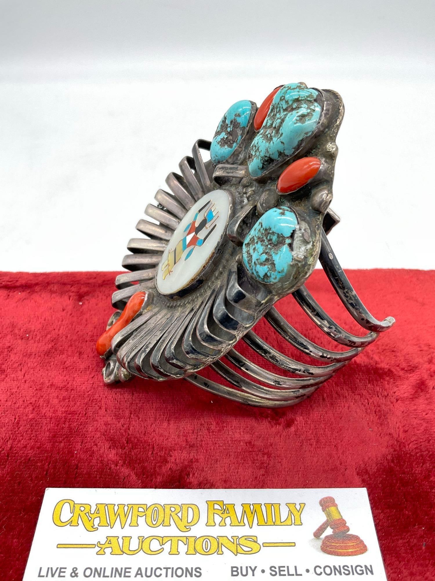 One of a Kind Zuni Native American Rain Dancer sterling silver cuff bracelet w/ turquoise & coral - 4
