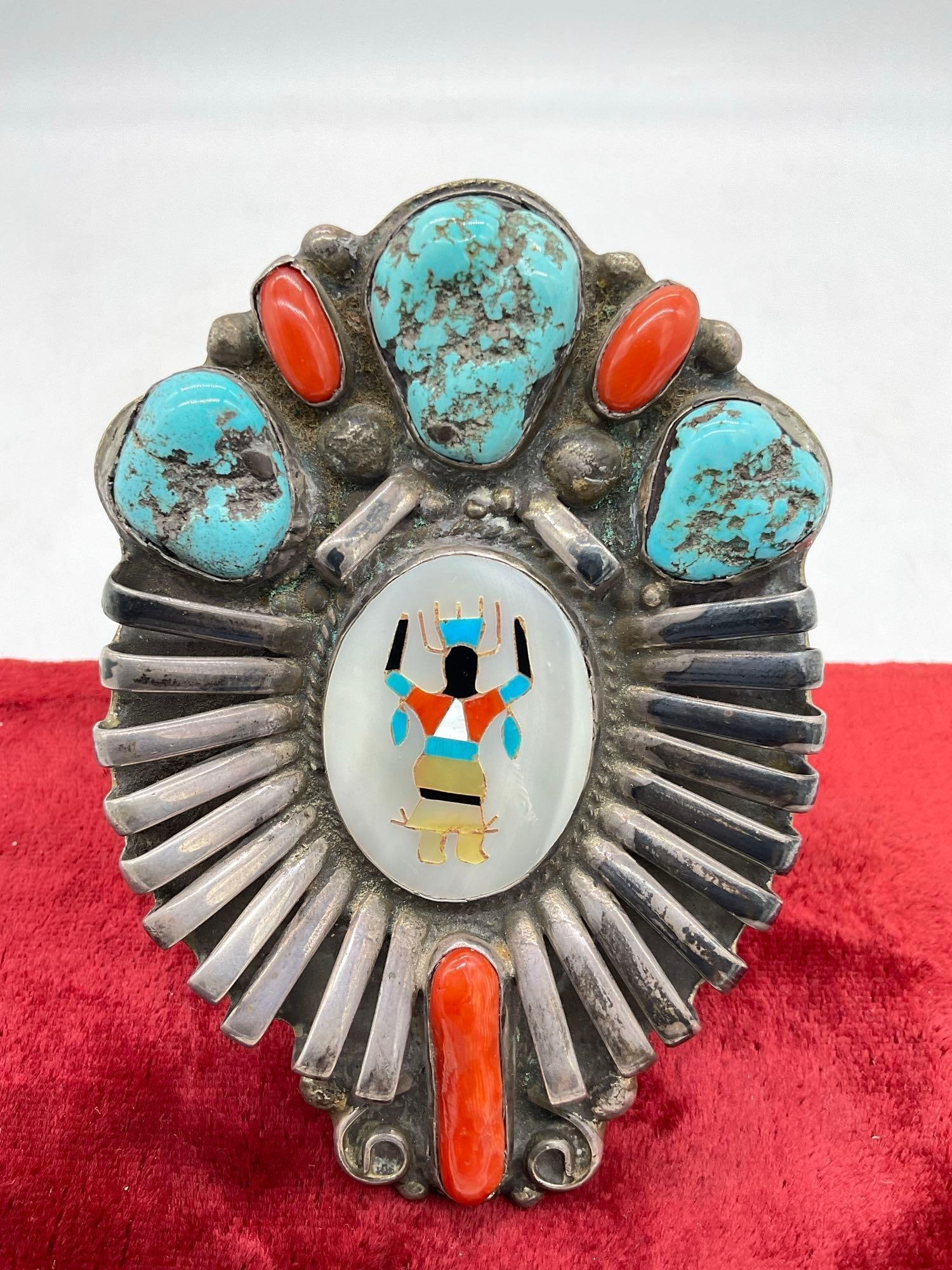 One of a Kind Zuni Native American Rain Dancer sterling silver cuff bracelet w/ turquoise & coral - 5