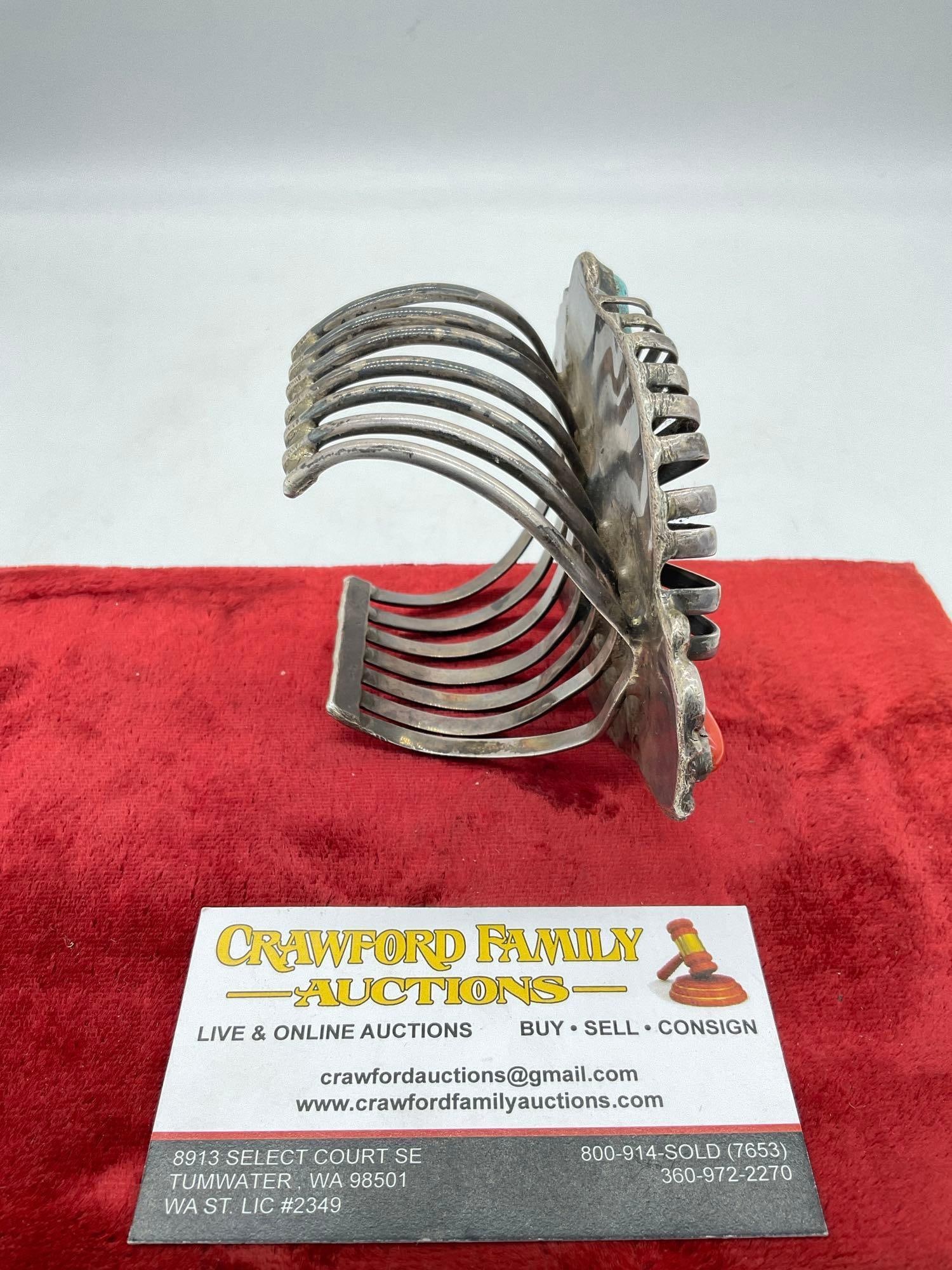 One of a Kind Zuni Native American Rain Dancer sterling silver cuff bracelet w/ turquoise & coral - 7