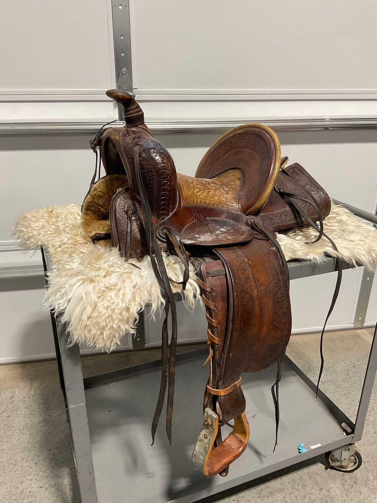 Antique Roping Saddle, Ornately Handtooled Patterned Leather, w/ Sheep Hide, made by Victor Marden (1 of 20)