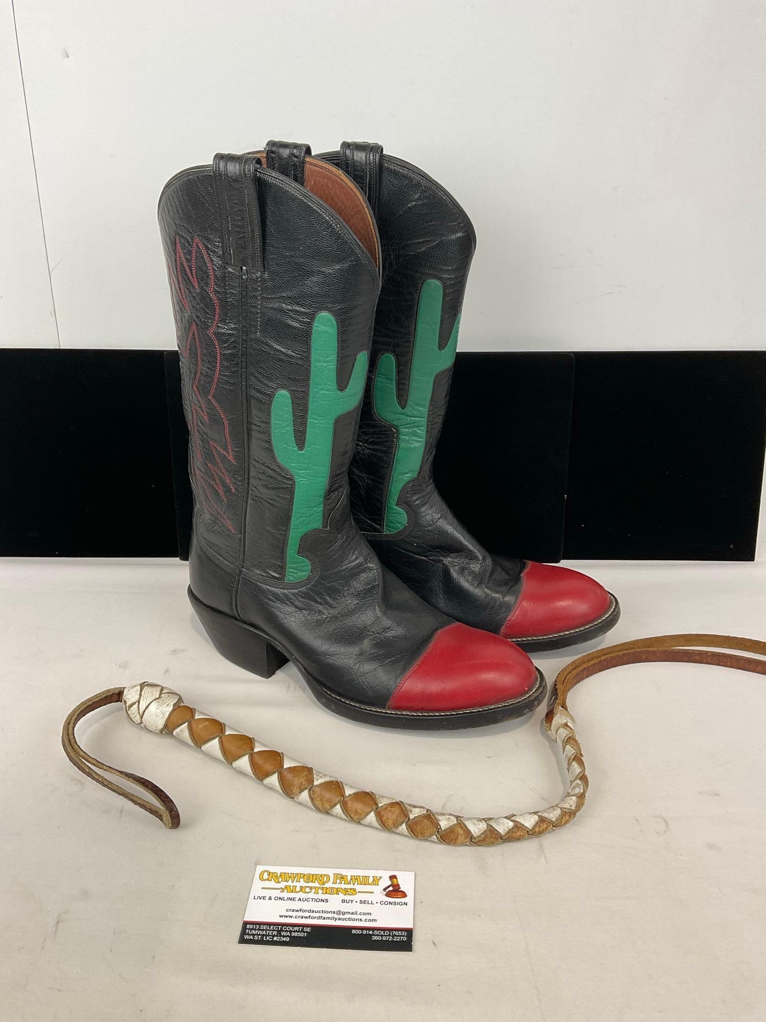 Custom Made Cowboy Boots, has Cactus & Big Red Js, approx 8.5-9 Mens Size & Riding Crop Quirt: Custom Made Cowboy Boots, has Cactus & Big Red Js on the outside. Black, green & Red leather. Appears to be in good shape. The piece measures approx 14h x 12w x 9d inches. See pics. E-5290