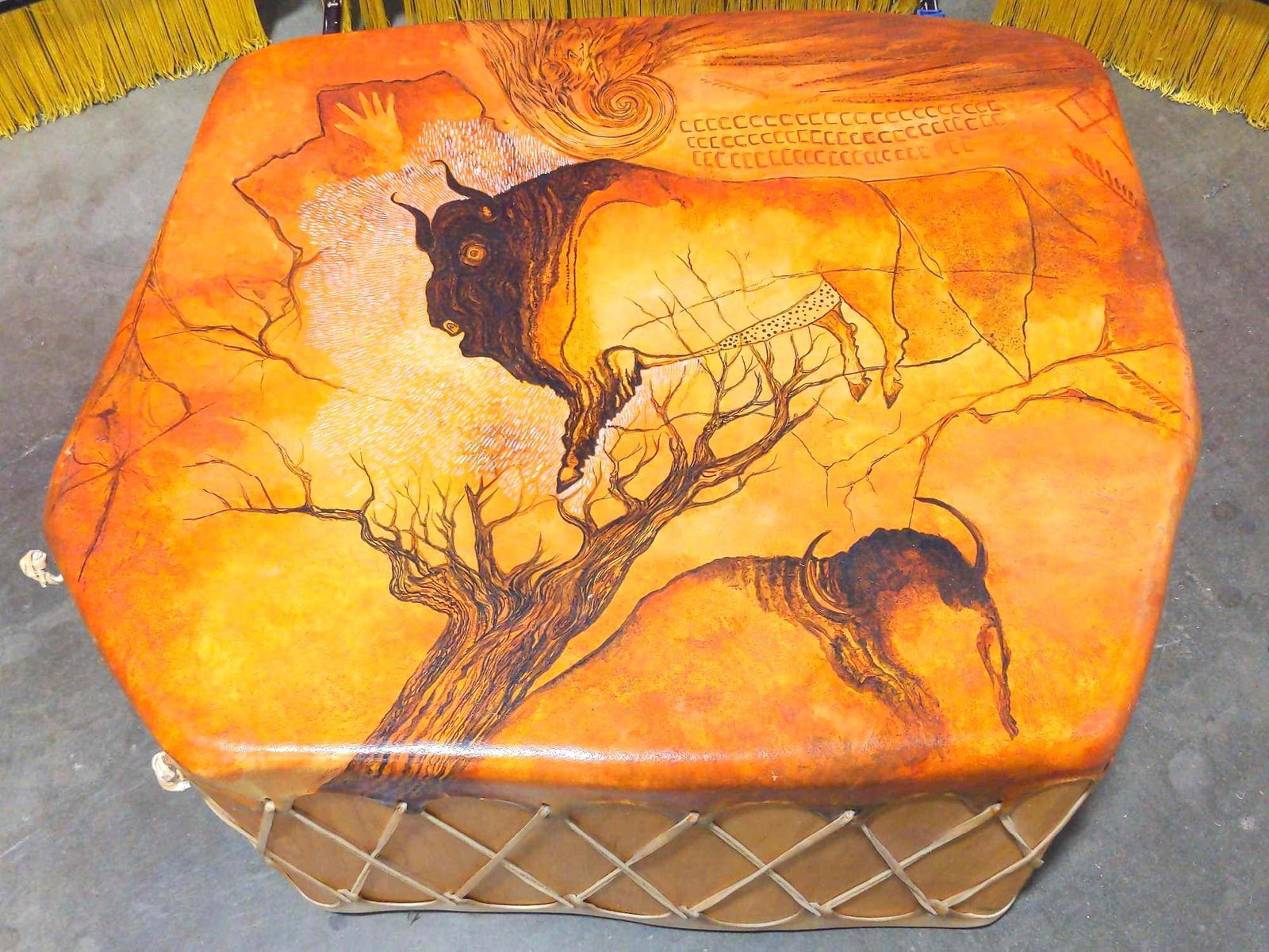 Handmade & Painted Taos Drum w/Scene of Chauvet Cave Drawing by Indigenous Artist Michael Kopepas...: Hand Made & Painted Taos Drum w/ Scene of Chauvet Cave Drawing by Indigenous Artist Michael Kopepassah. Drum face inspired by Chauvet Caves in France. Signed by Artist. In good condition outs