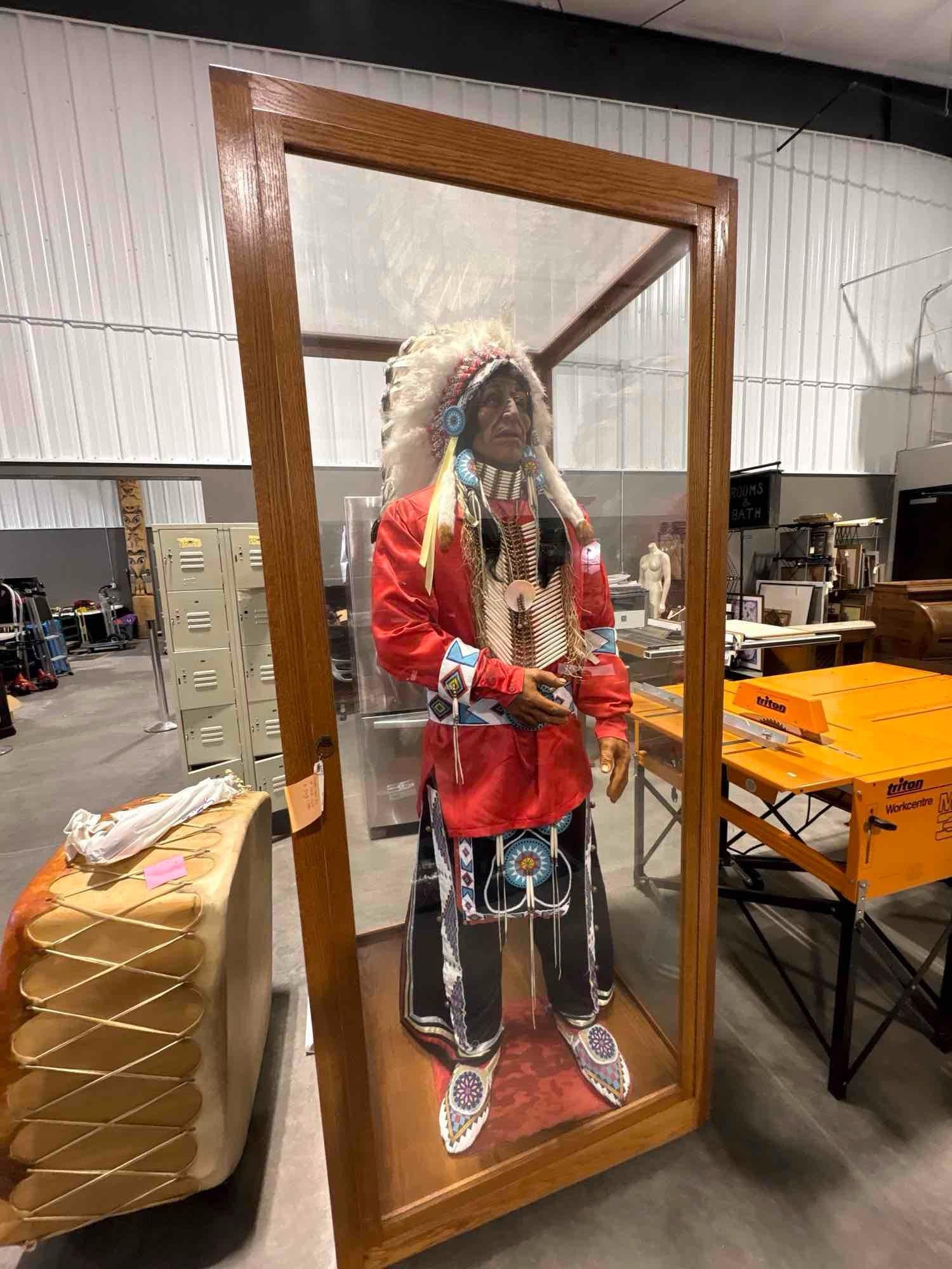 Vintage Native American Mannequin of a Chief Ornately Dressed head to toe w/ Intricate Period out...: C-5320 Fantastic Piece ,Hand Crafted By Navajo Artist. Circa early 1970's The chief wears an ornately hand, beaded head dress, made with dipped turkey, feathers and horse hair tassel on the back. The