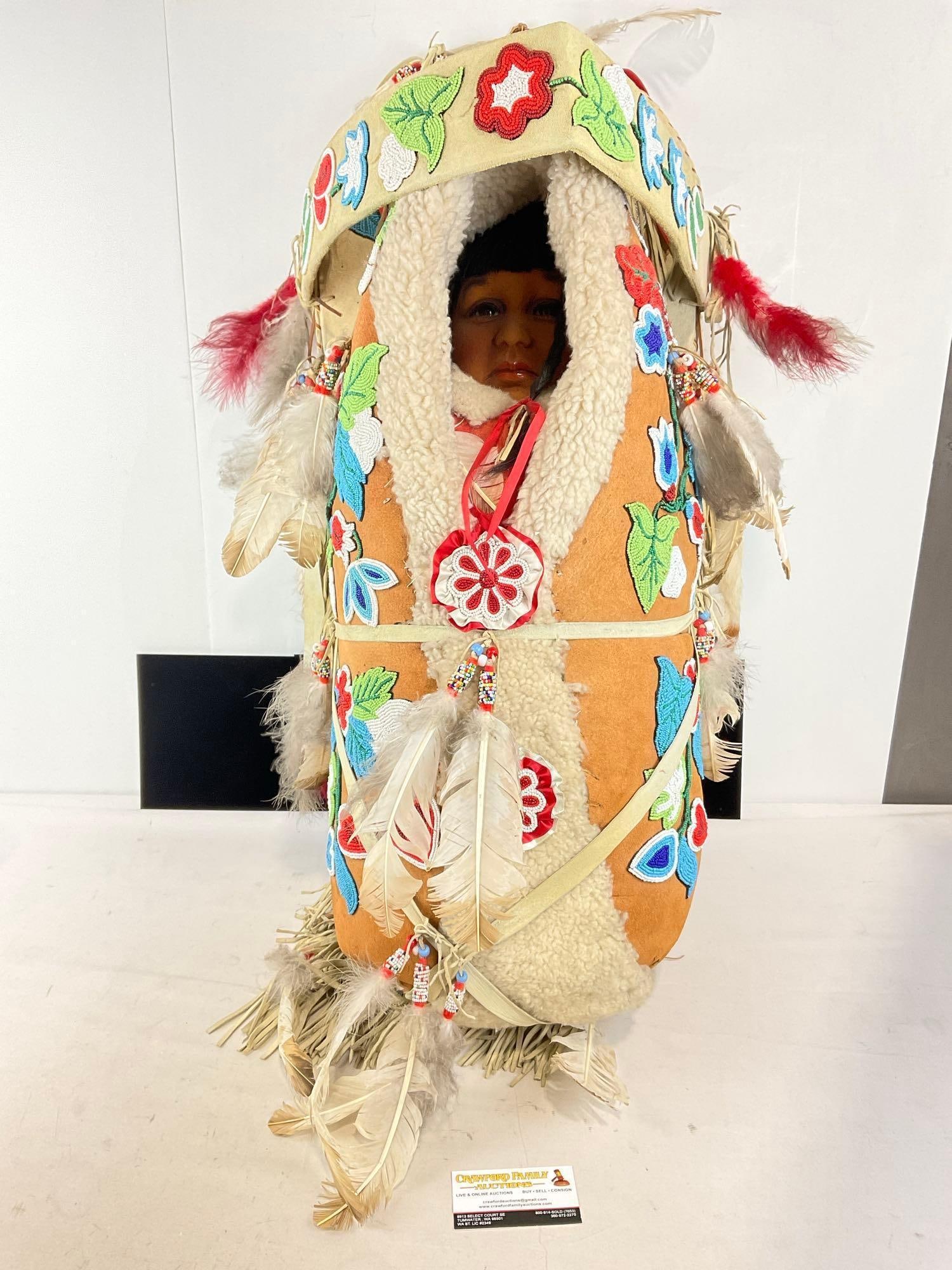 Gorgeous Large Vintage Native American Papoose Figure, Intricately Beaded Leather w/ carrier (1 of 10)