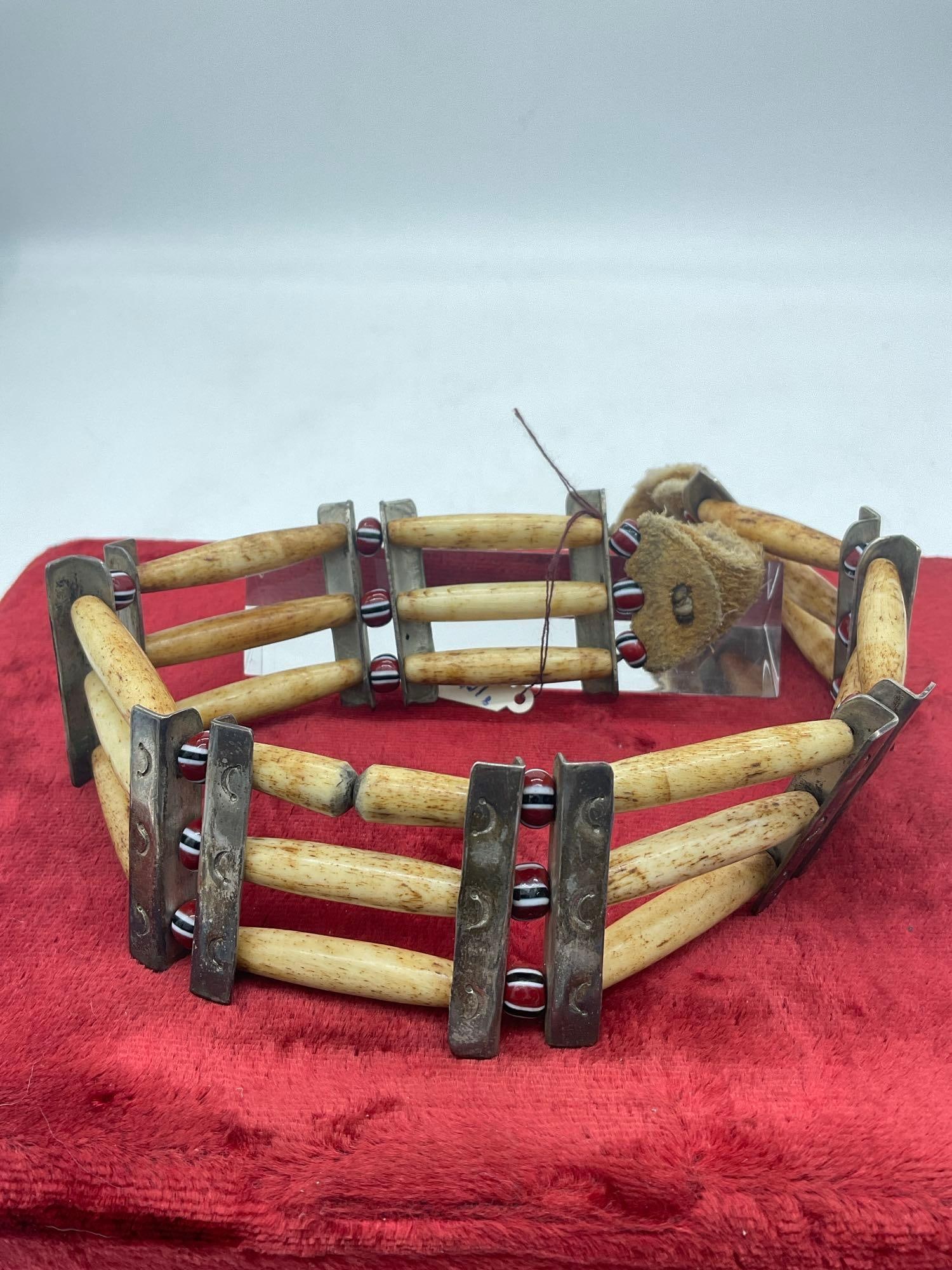 Vintage Native American Hair Pipe Neck band ( Choker) w/ Sterling Silver bars & colored Beads - 2