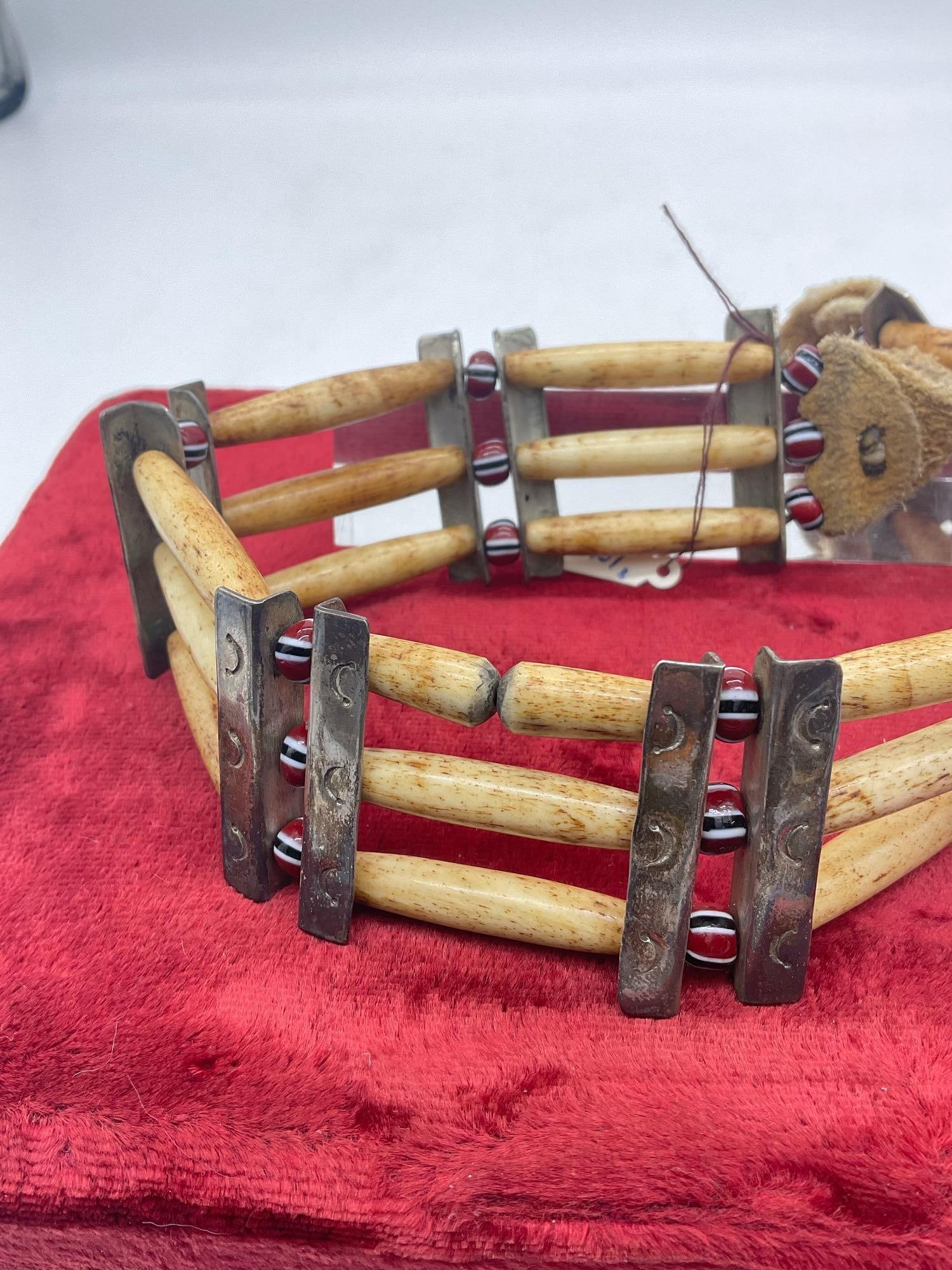 Vintage Native American Hair Pipe Neck band ( Choker) w/ Sterling Silver bars & colored Beads - 3