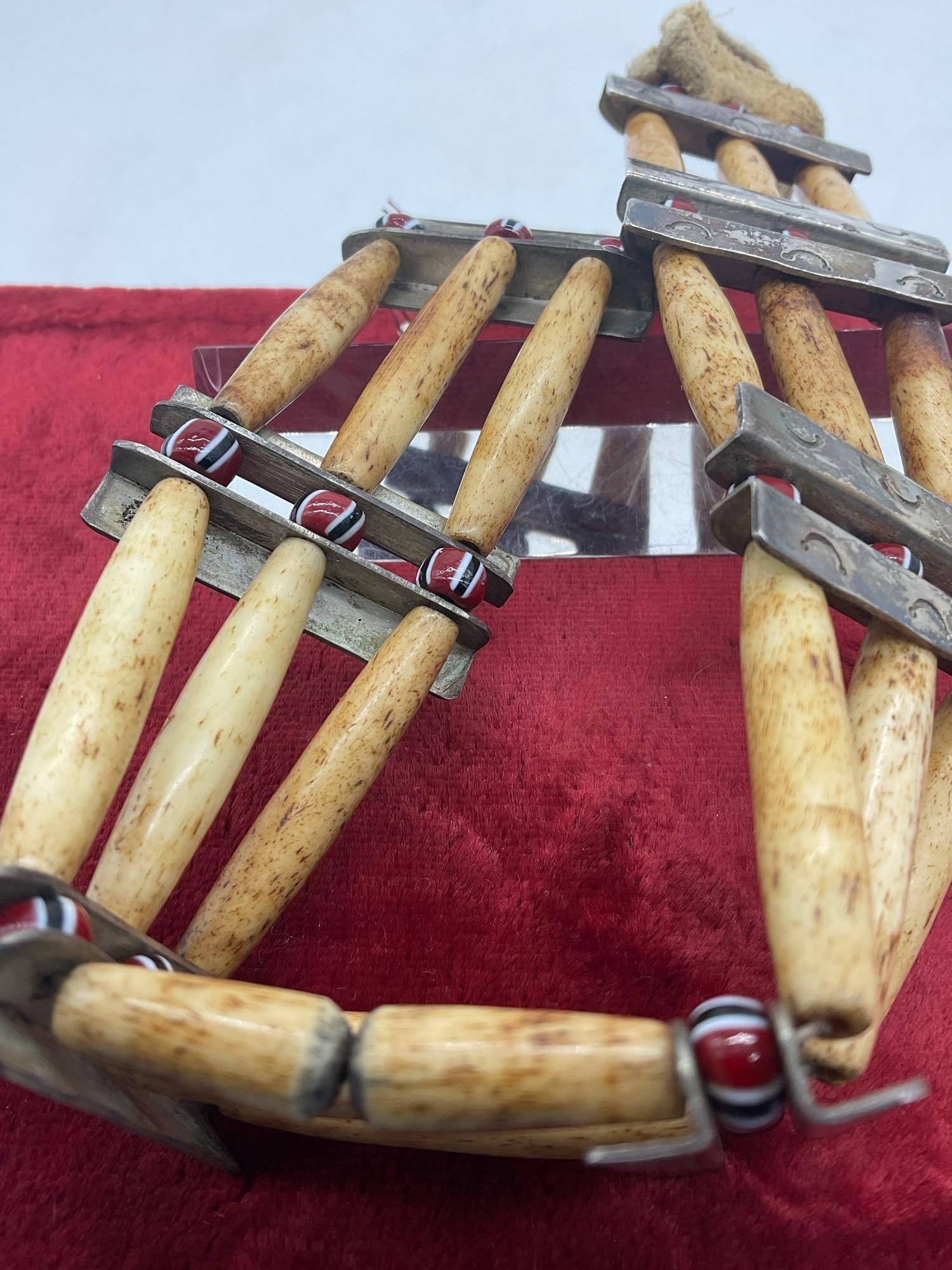 Vintage Native American Hair Pipe Neck band ( Choker) w/ Sterling Silver bars & colored Beads - 5