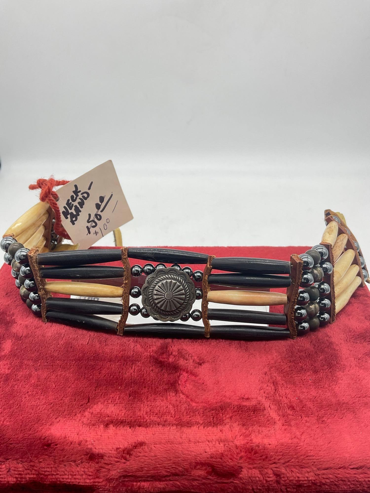 Vintage Native American Hair Pipe Neck band W/ colored Hair Pipe , Sterling Beads & center piece: c-5320 