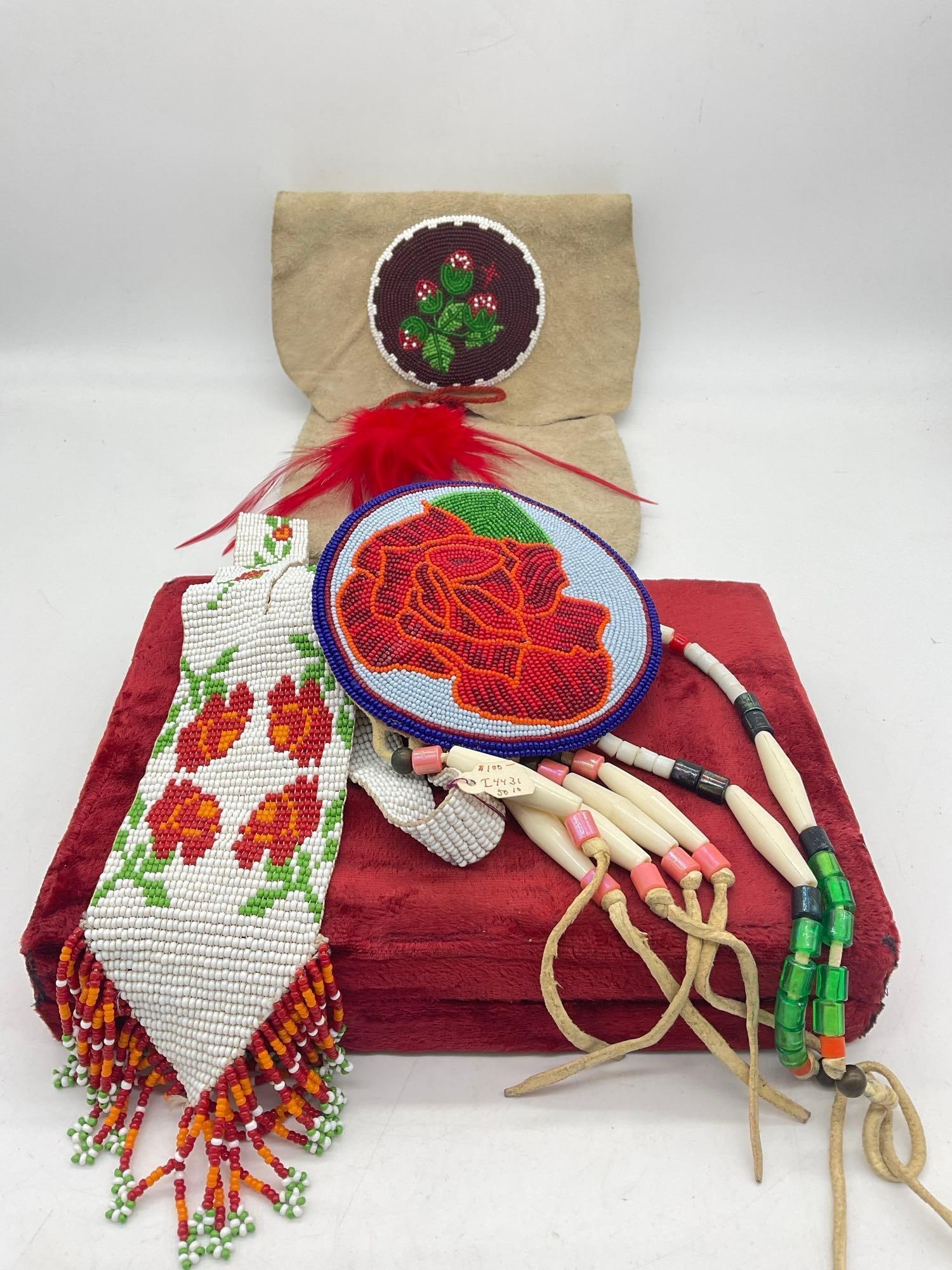 2 x Native American Beaded Necklaces w/ Intricate Bead work & Hair Pipe Plus Dear Hide Hand Bag (1 of 9)