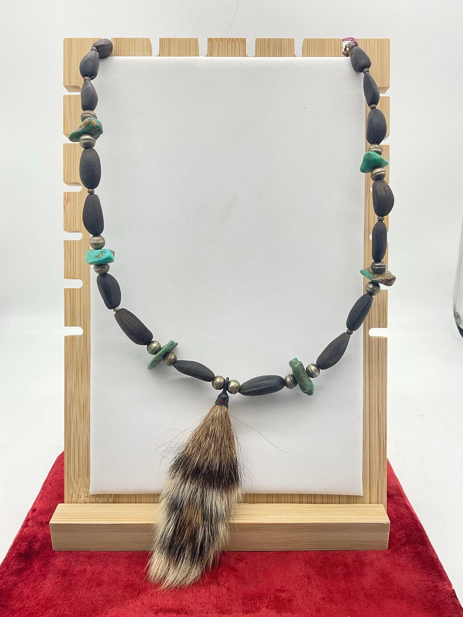 Vintage Klamath Native American Necklace ft. Turquoise, Sterling Beads, raccoon tail: c-5320 Necklace is 18" 