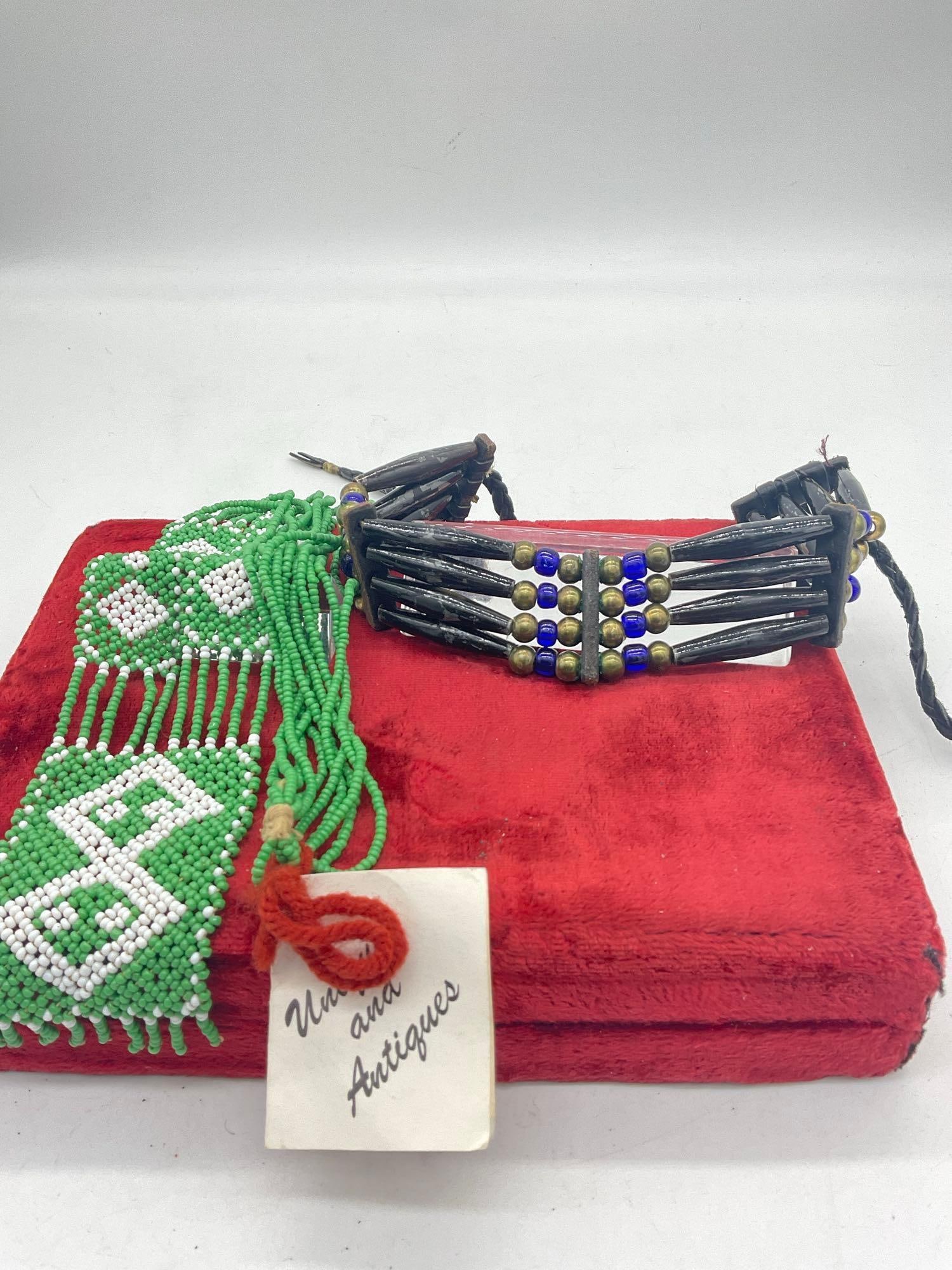 2 x Vintage Beaded Native American Necklaces incl Black Hair pipe & Green Hand Beaded Crow Necklace (1 of 5)