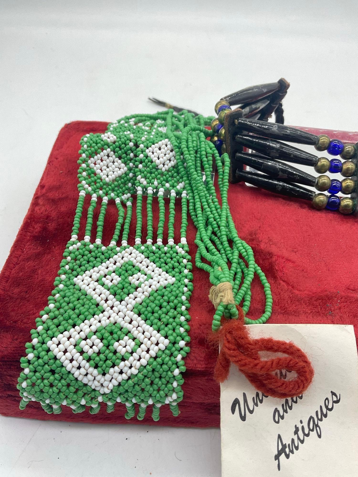 2 x Vintage Beaded Native American Necklaces incl Black Hair pipe & Green Hand Beaded Crow Necklace - 2