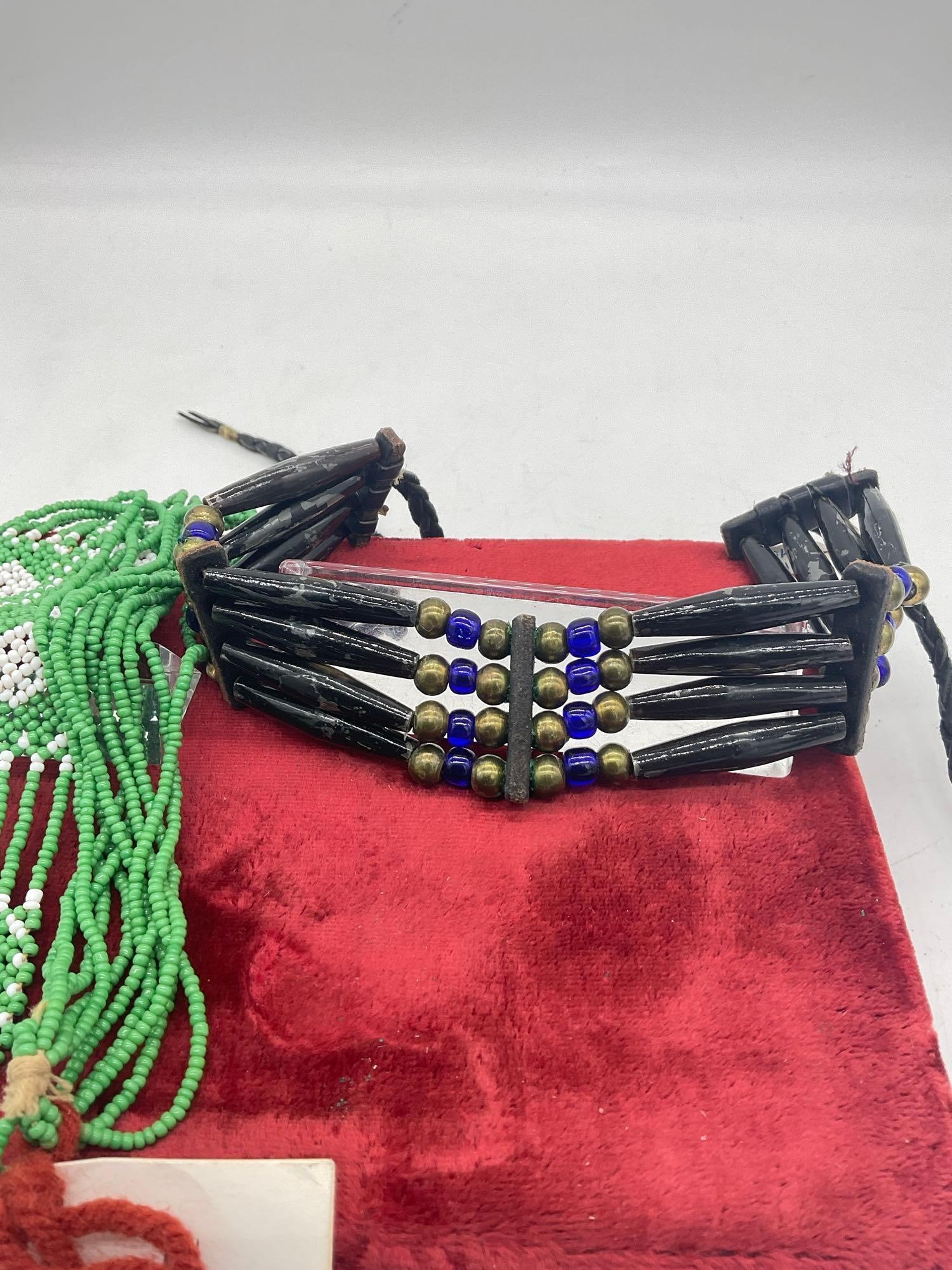 2 x Vintage Beaded Native American Necklaces incl Black Hair pipe & Green Hand Beaded Crow Necklace - 3