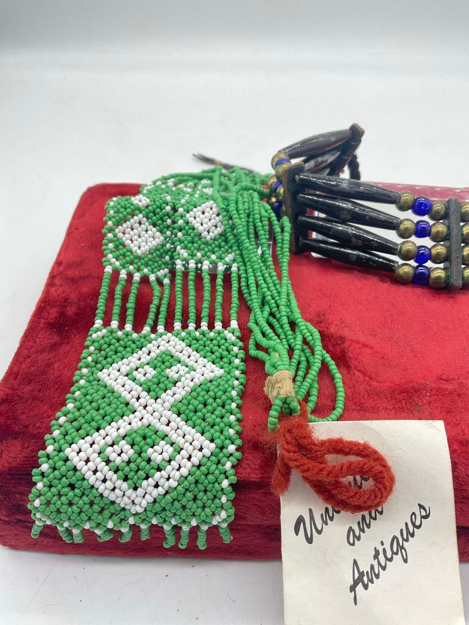 2 x Vintage Beaded Native American Necklaces incl Black Hair pipe & Green Hand Beaded Crow Necklace - 4