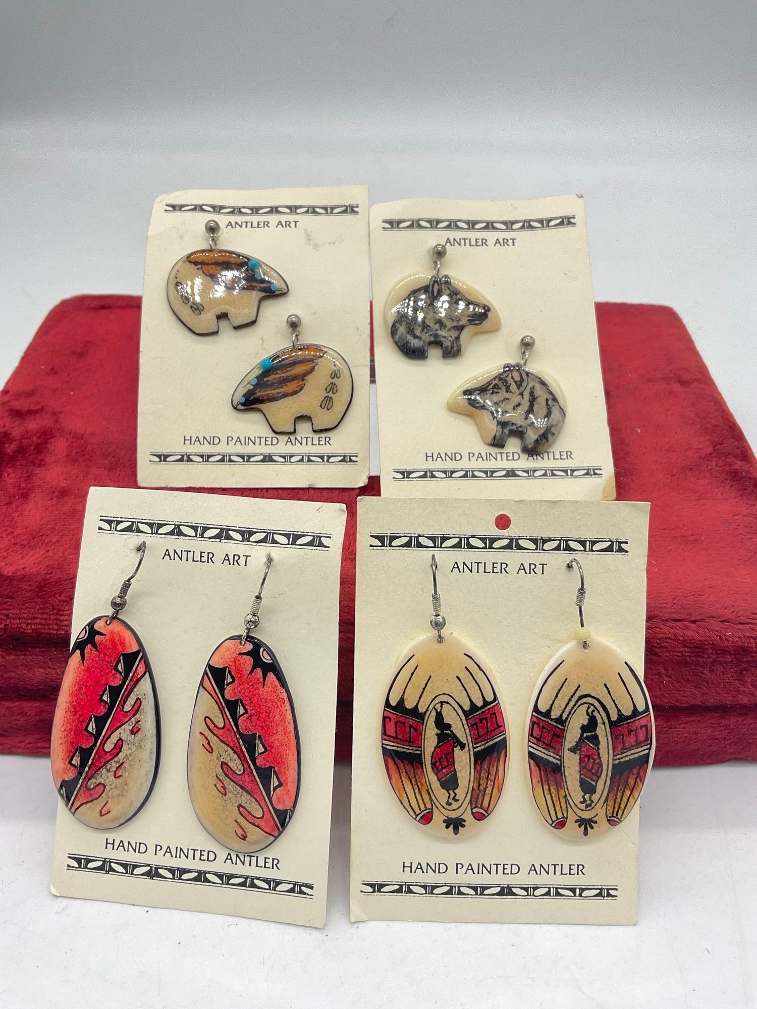 4 x Sets Native America style hand Painted Antler art Earrings by Pete & Vicki Gould: c-5320 See pic from 1991 made from deer and elk antlers 