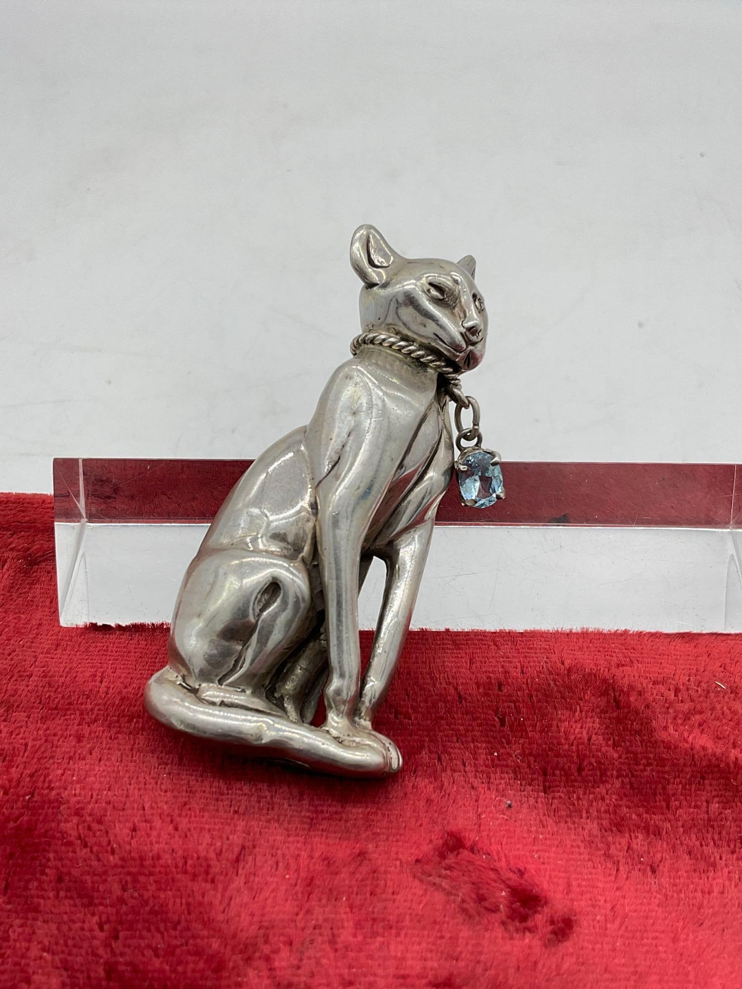 Heavy 1989 Carol Felley Sterling silver large cat pendant/brooch w/ topaz collar: Approx 60.95 grams JC-5320 