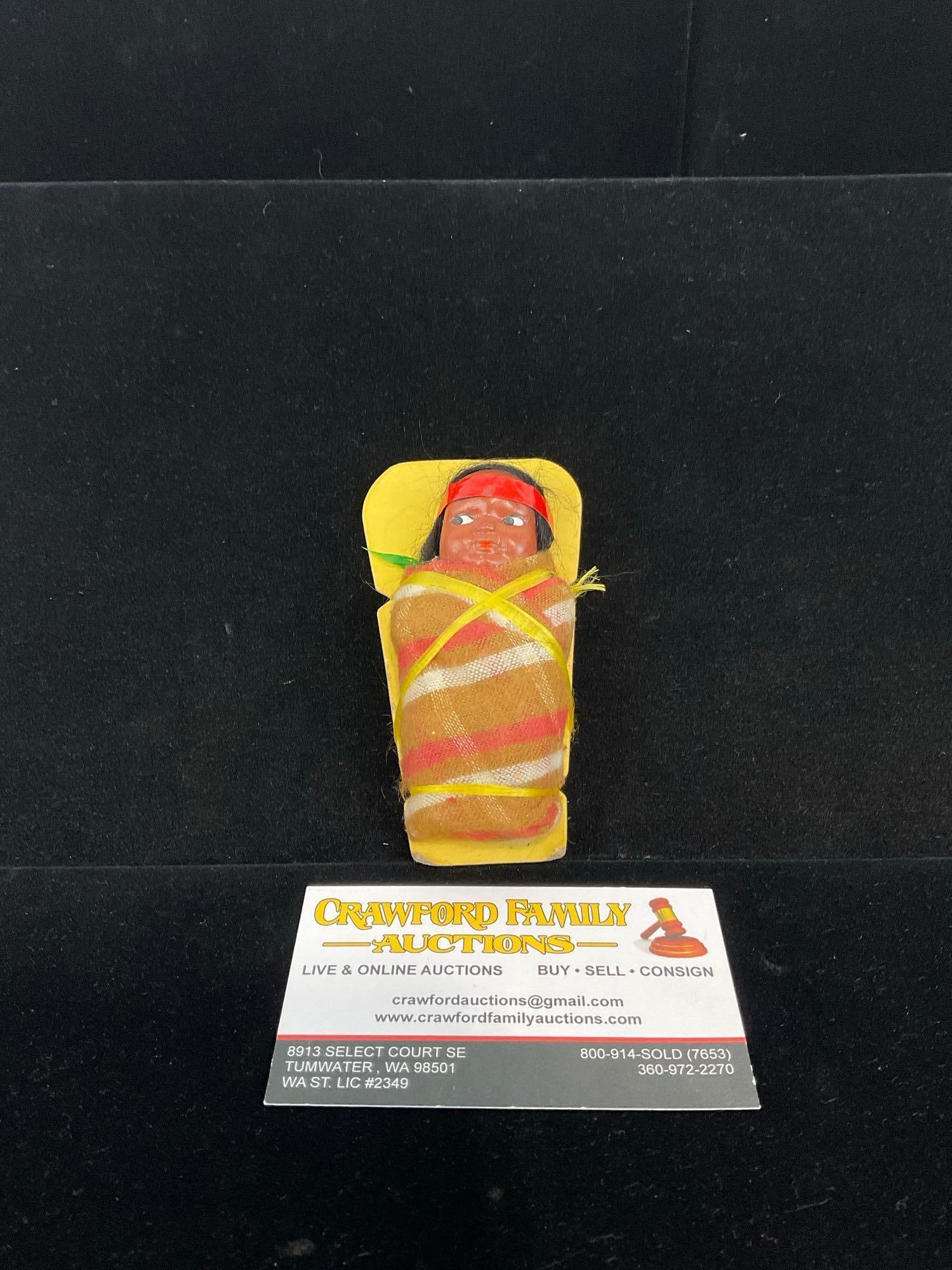 Early 20th Century Native American Papoose doll, 5h x 3w x 3d inches, signed Sharie Jewett: Appears to be in good shape. The piece measures approx 5h x 3w x 3d inches. See pics. E-5320