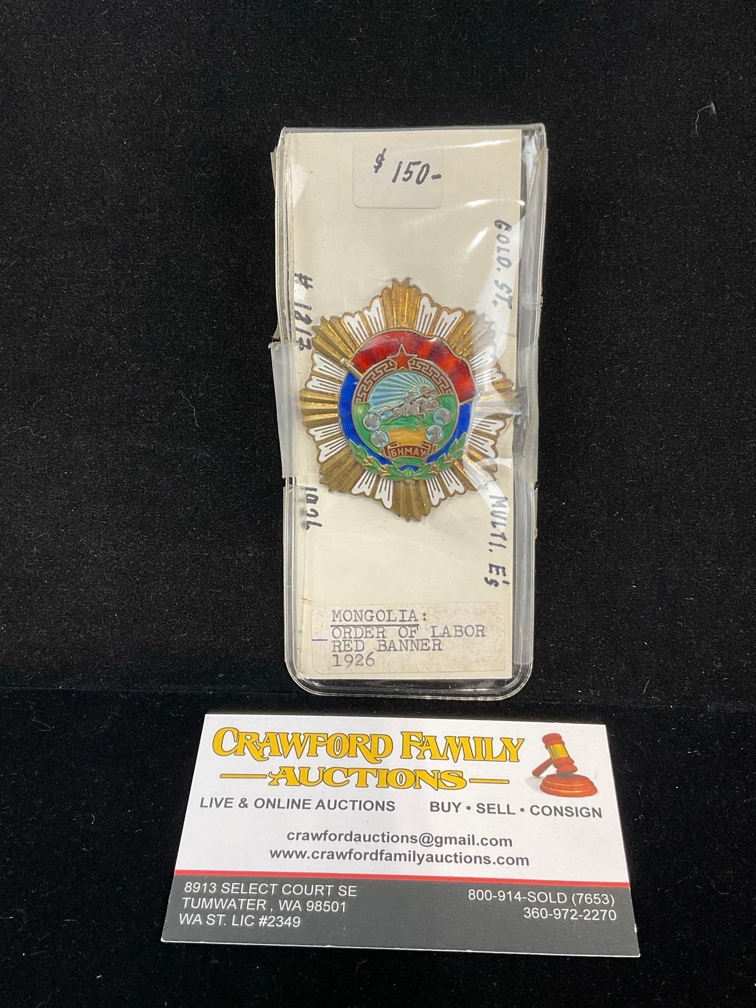 Antique Mongolian Medal Order of Labor Red Banner, 1926, Lovely Multi Colored Enamel (1 of 4)