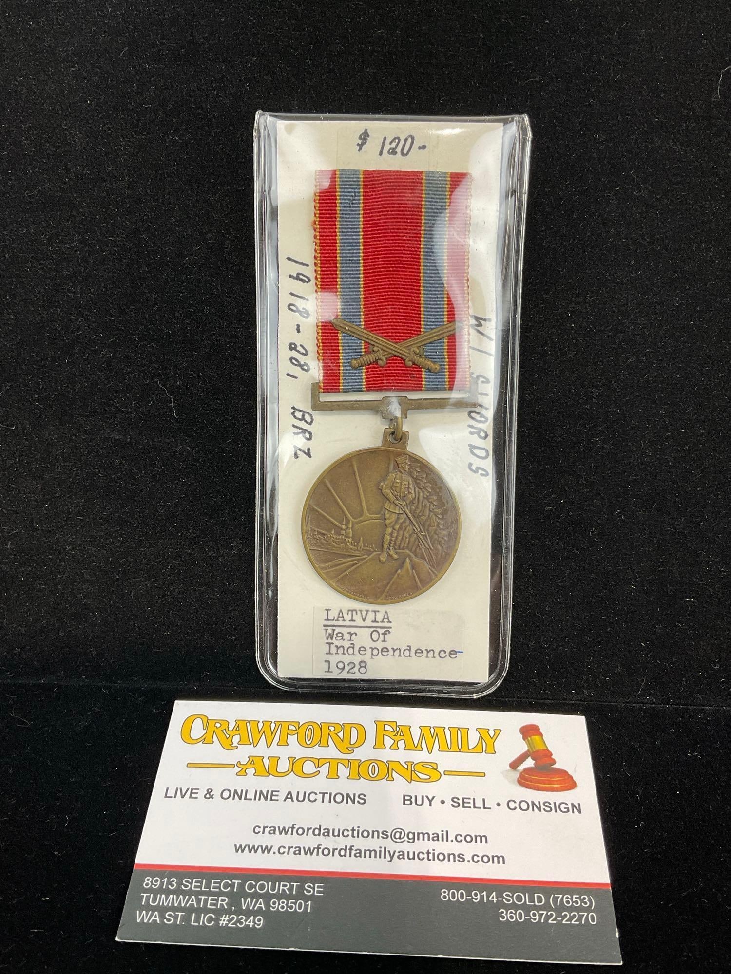 Antique Latvian War of Independence 1918-1928, Bronze w/ Swords, Red/Grey Ribbon (1 of 2)