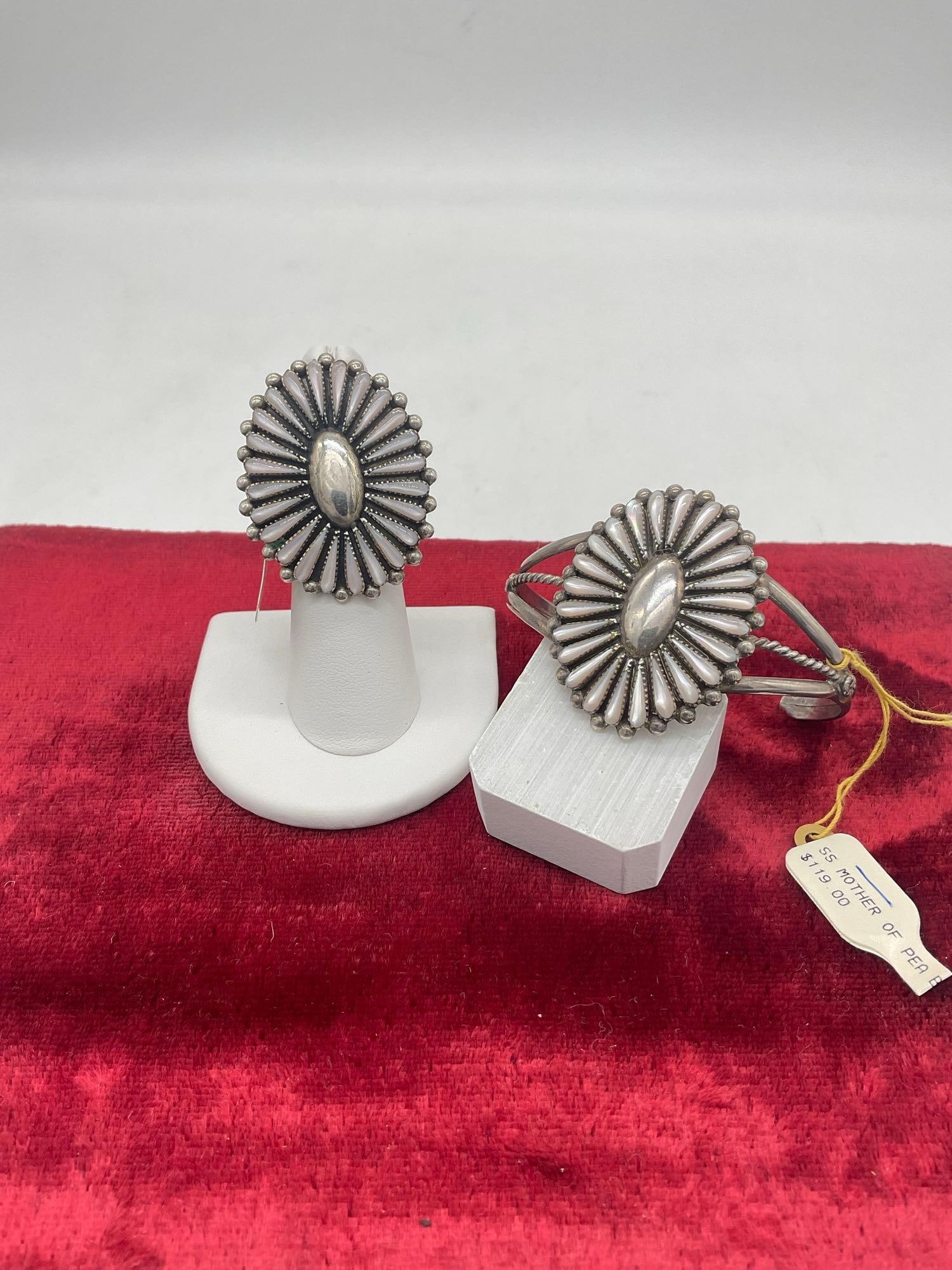 Women's SW Native American Sterling silver Matching Cuff Bracelet & ring w/MOP: c-5320 Nice set , with Mother of Pearl tear drop inlay bracelet is 2.5" width ring is Size 5 26.78 grams 