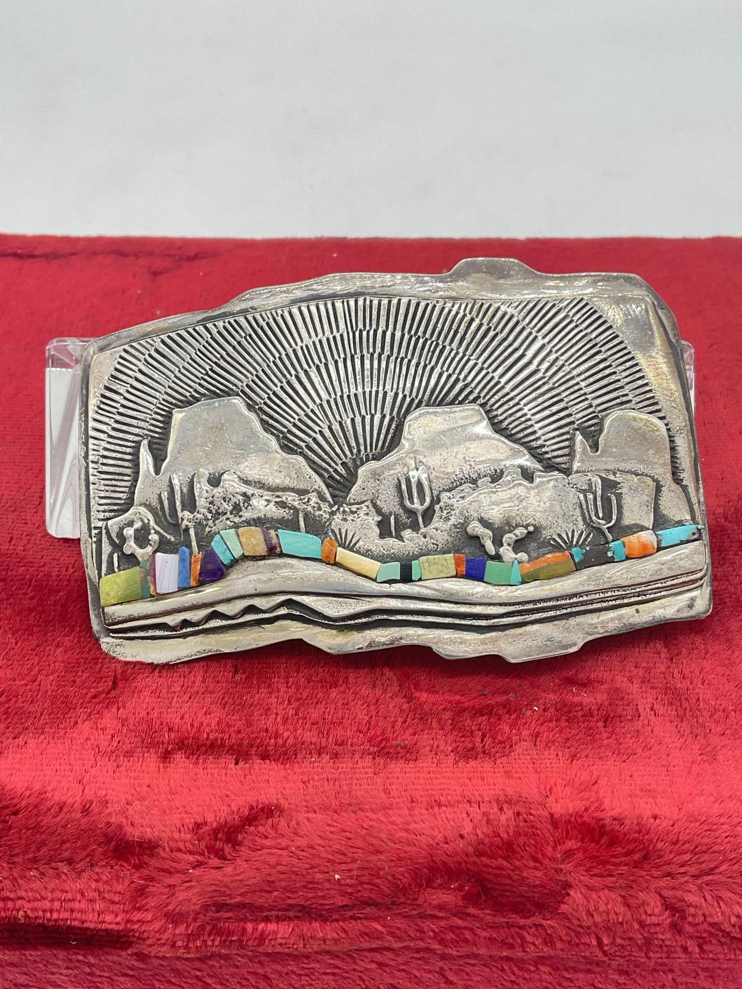Navajo or Zuni Signed Story teller Sterling silver 3d Belt Buckle w/ multiple Gem stones (1 of 4)