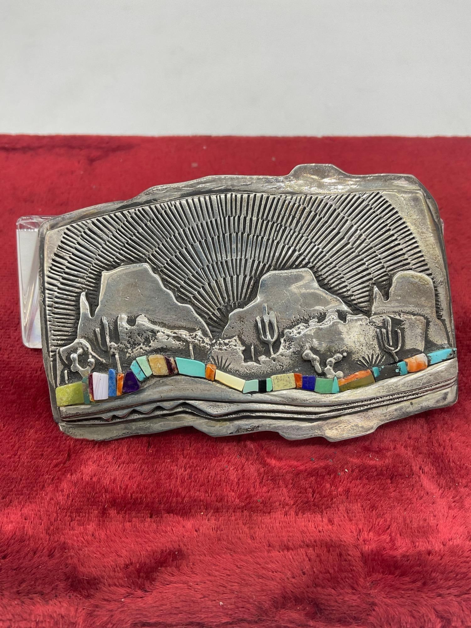 Navajo or Zuni Signed Story teller Sterling silver 3d Belt Buckle w/ multiple Gem stones - 2