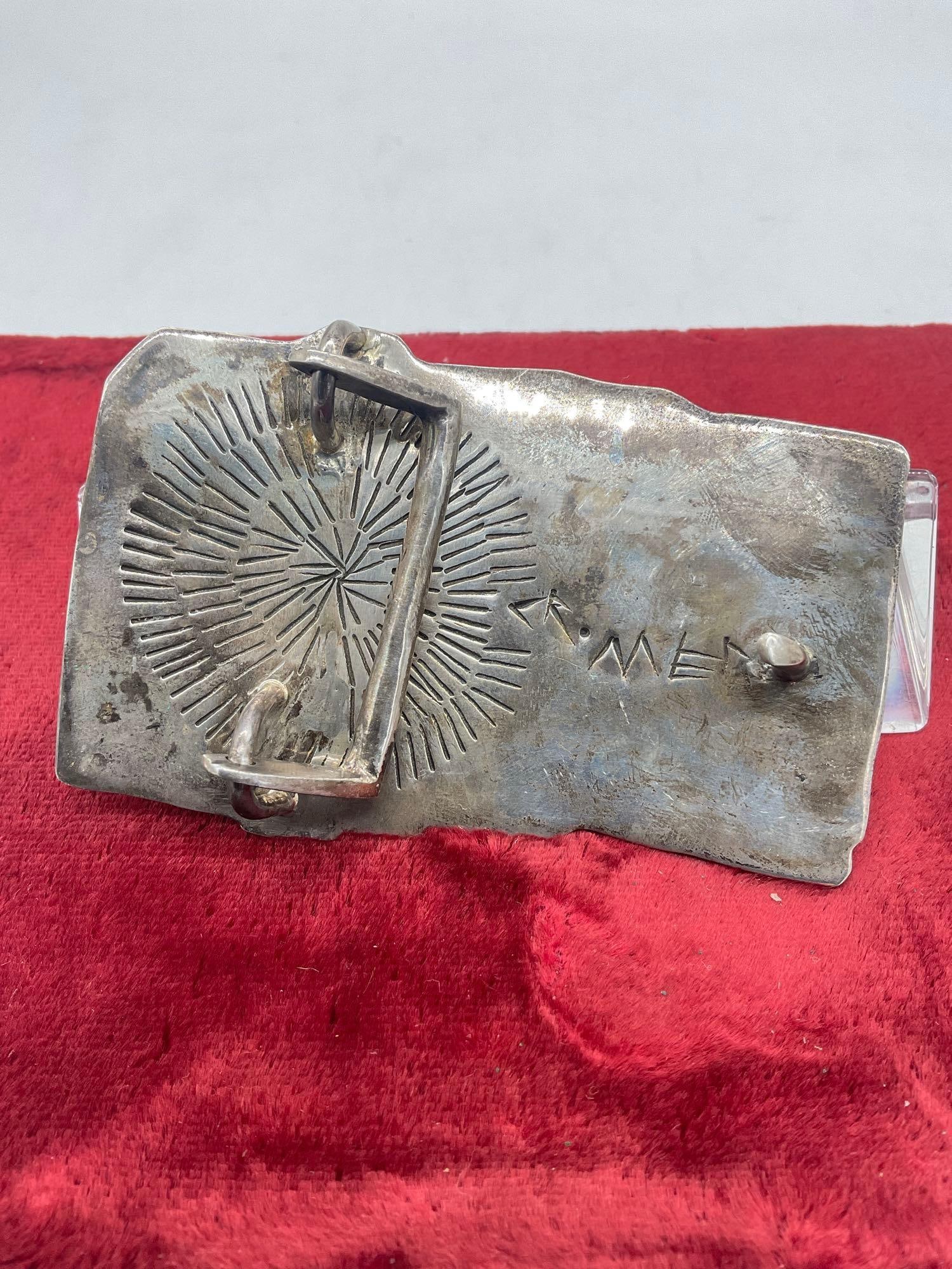 Navajo or Zuni Signed Story teller Sterling silver 3d Belt Buckle w/ multiple Gem stones - 3