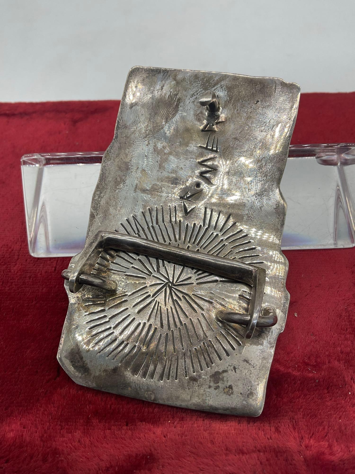 Navajo or Zuni Signed Story teller Sterling silver 3d Belt Buckle w/ multiple Gem stones - 4