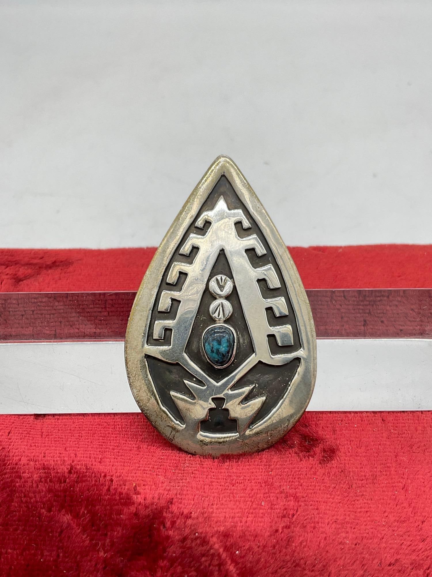 Vintage tear drop Sterling Silver Pendant w/ Turquoise Stone Signed JD Navajo Artist: c-5320 Pendant is 2.5" long 