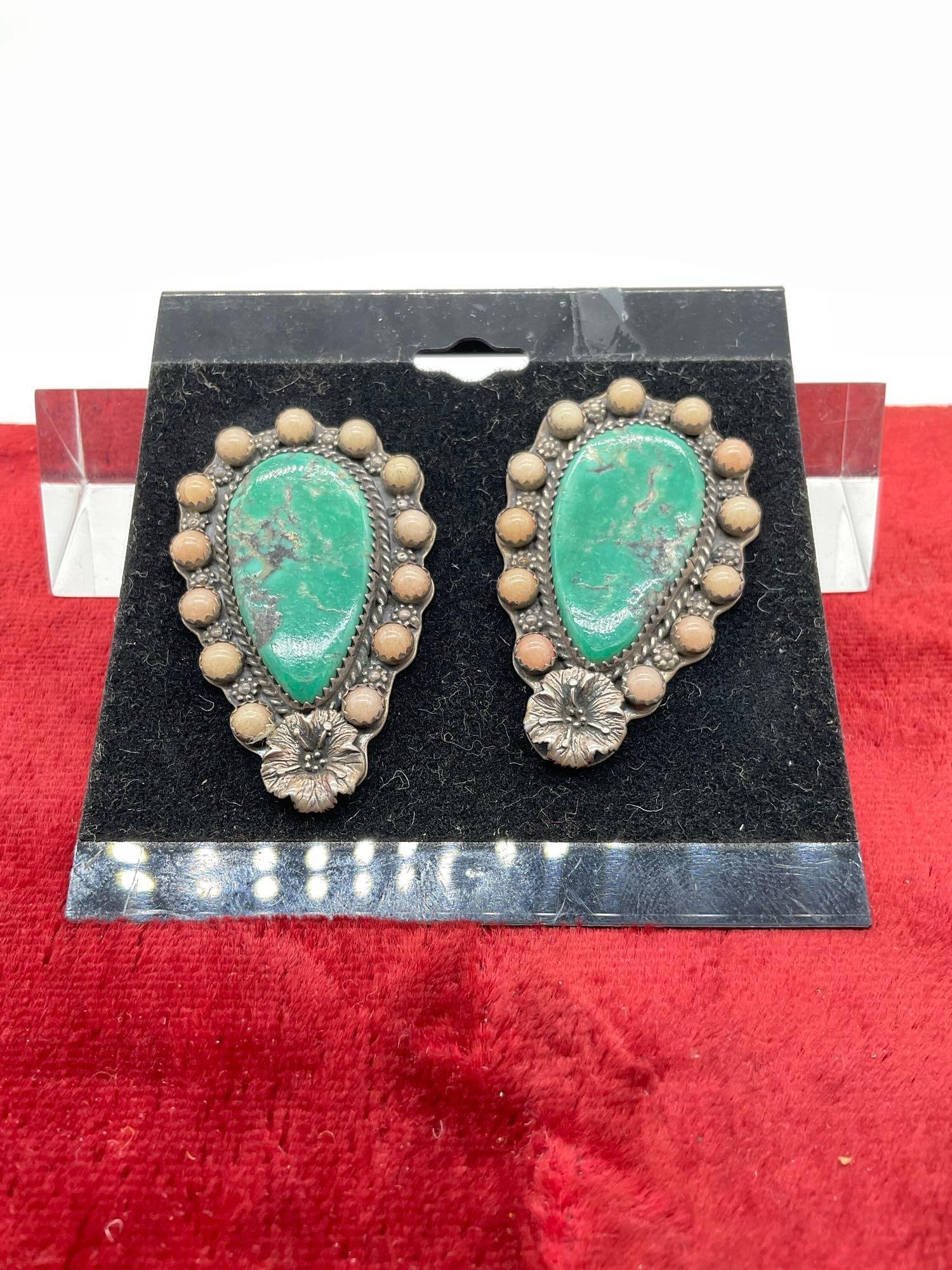 Vintage Sw Navajo Crafted Pair of Sterling Silver & Turquoise Large Clip on Earrings Signed: C-5320 The earrings are Hall marked W and SC surrounded in a cloud.The SC is the hall mark of Silver Cloud Jewelers. The W Might be a date or a collaboration with Navajo Artist Wayne