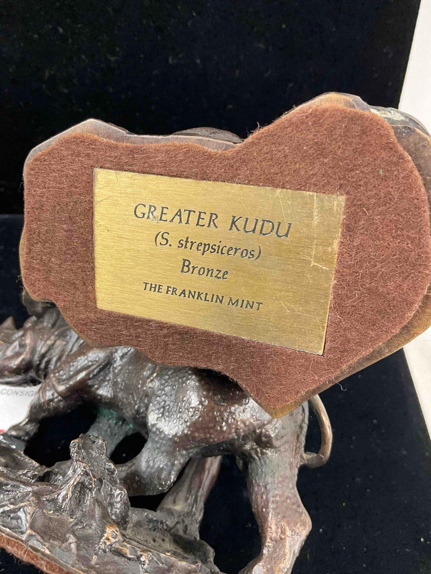 4 pcs Vintage Franklin Mint Bronze Animal Statuettes, incl. Lion, Giraffe, Rhino & Kudu. See pics. - 12