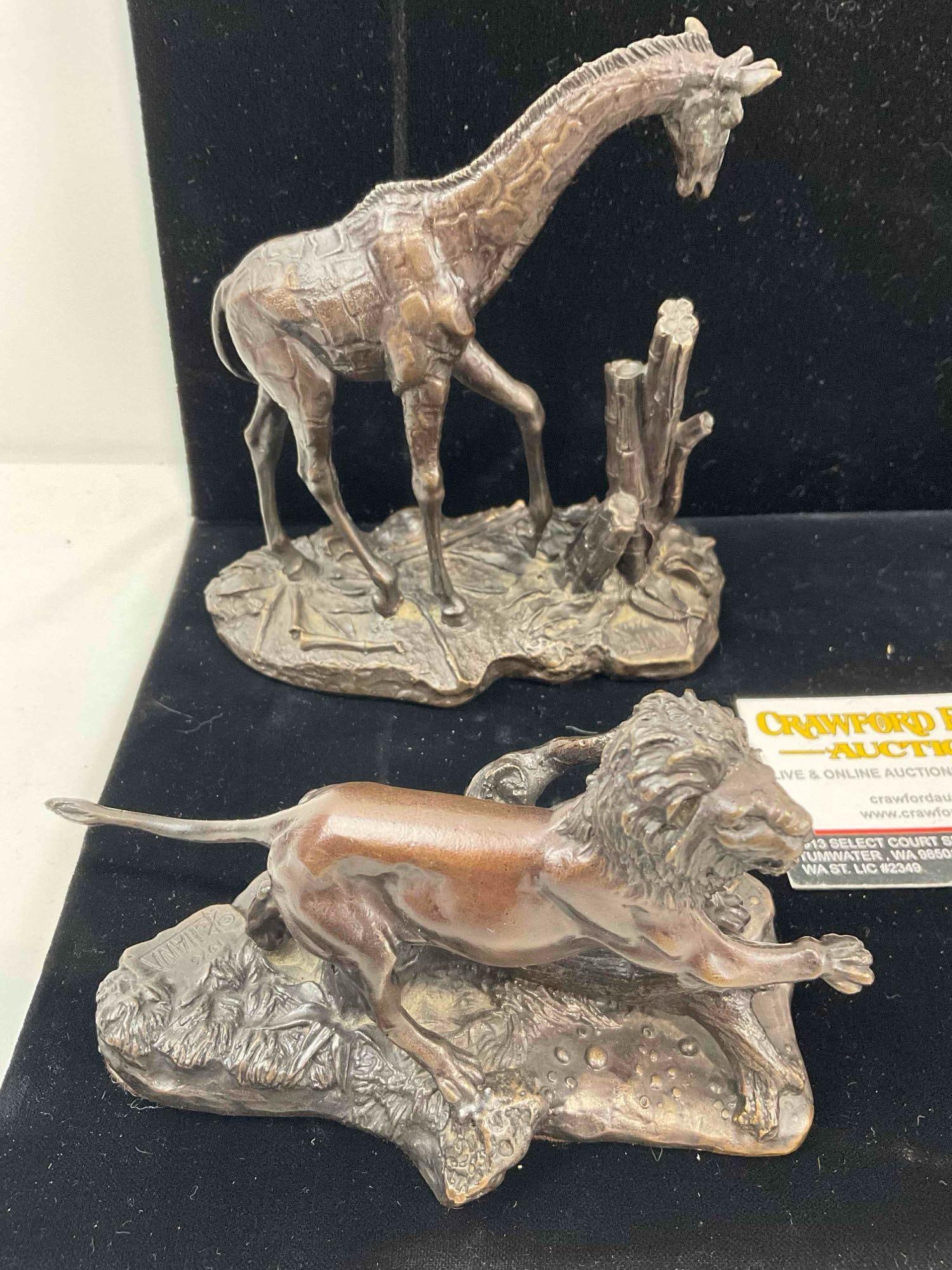 4 pcs Vintage Franklin Mint Bronze Animal Statuettes, incl. Lion, Giraffe, Rhino & Kudu. See pics. - 2