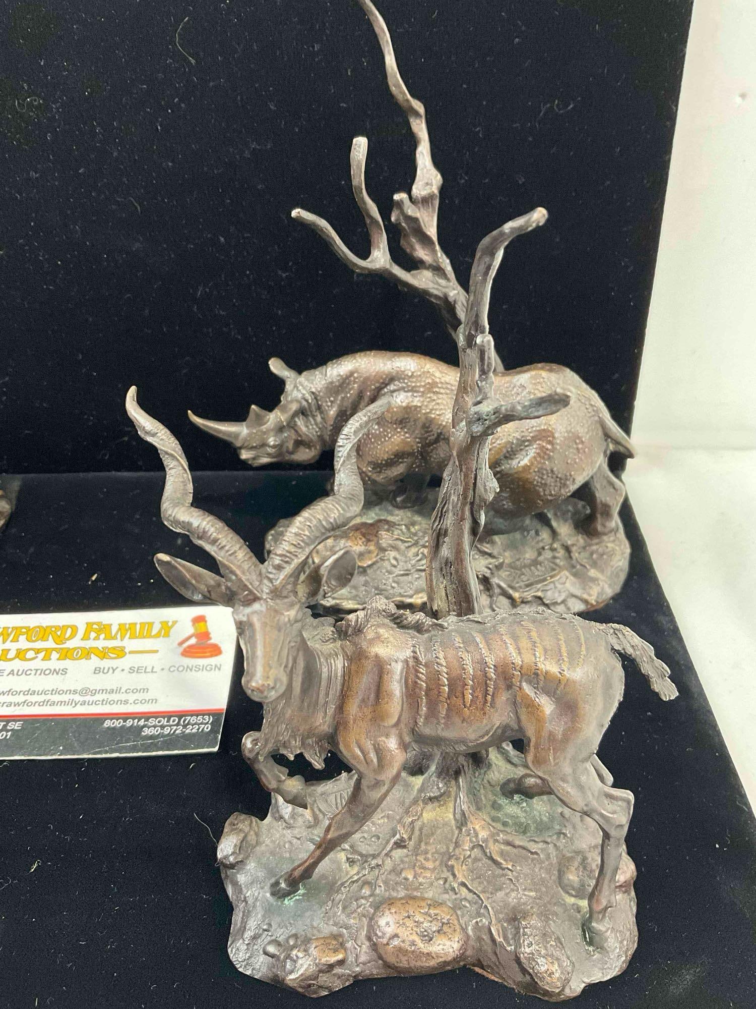 4 pcs Vintage Franklin Mint Bronze Animal Statuettes, incl. Lion, Giraffe, Rhino & Kudu. See pics. - 3