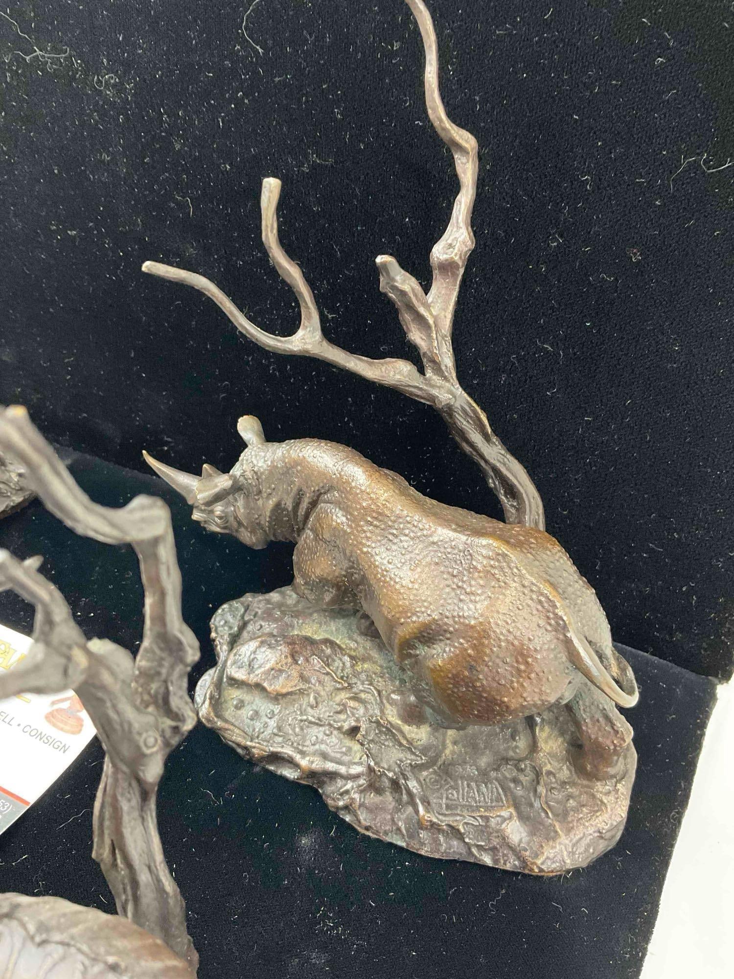 4 pcs Vintage Franklin Mint Bronze Animal Statuettes, incl. Lion, Giraffe, Rhino & Kudu. See pics. - 4