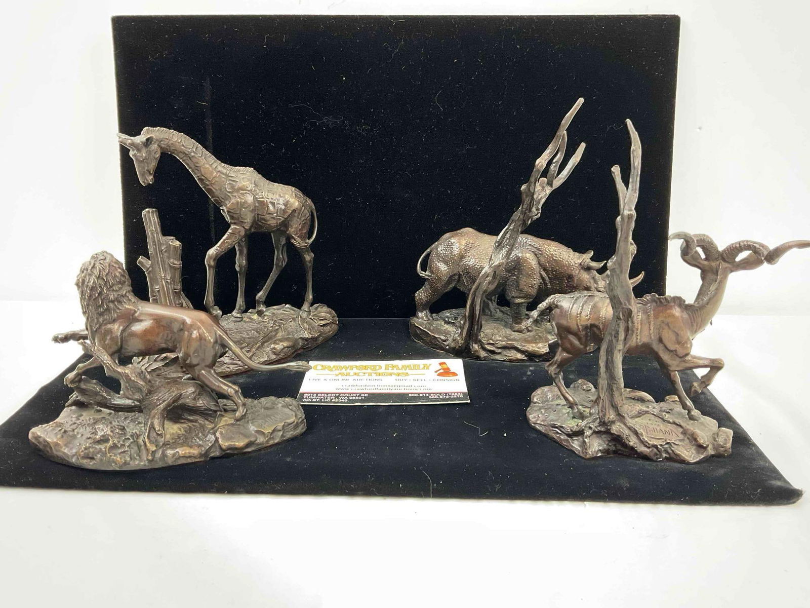 4 pcs Vintage Franklin Mint Bronze Animal Statuettes, incl. Lion, Giraffe, Rhino & Kudu. See pics. - 8