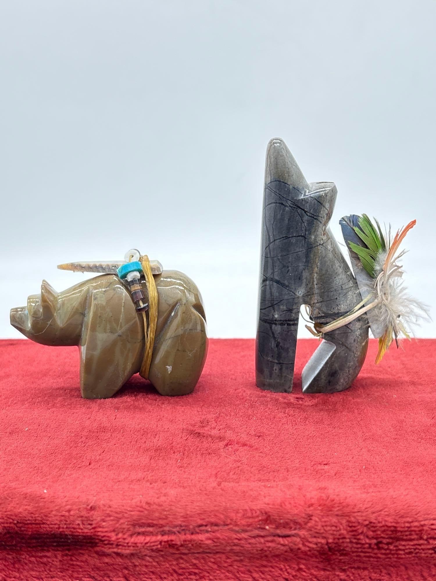 Pair of Native American stone and feather fetishes - howling wolf and bear: JC-5010 Bear is approx. 2" W/ MOP arrowhead , turquoise , Plus Wolf 3.5" w.Stone arrowhead ,Turquoise & feathers 